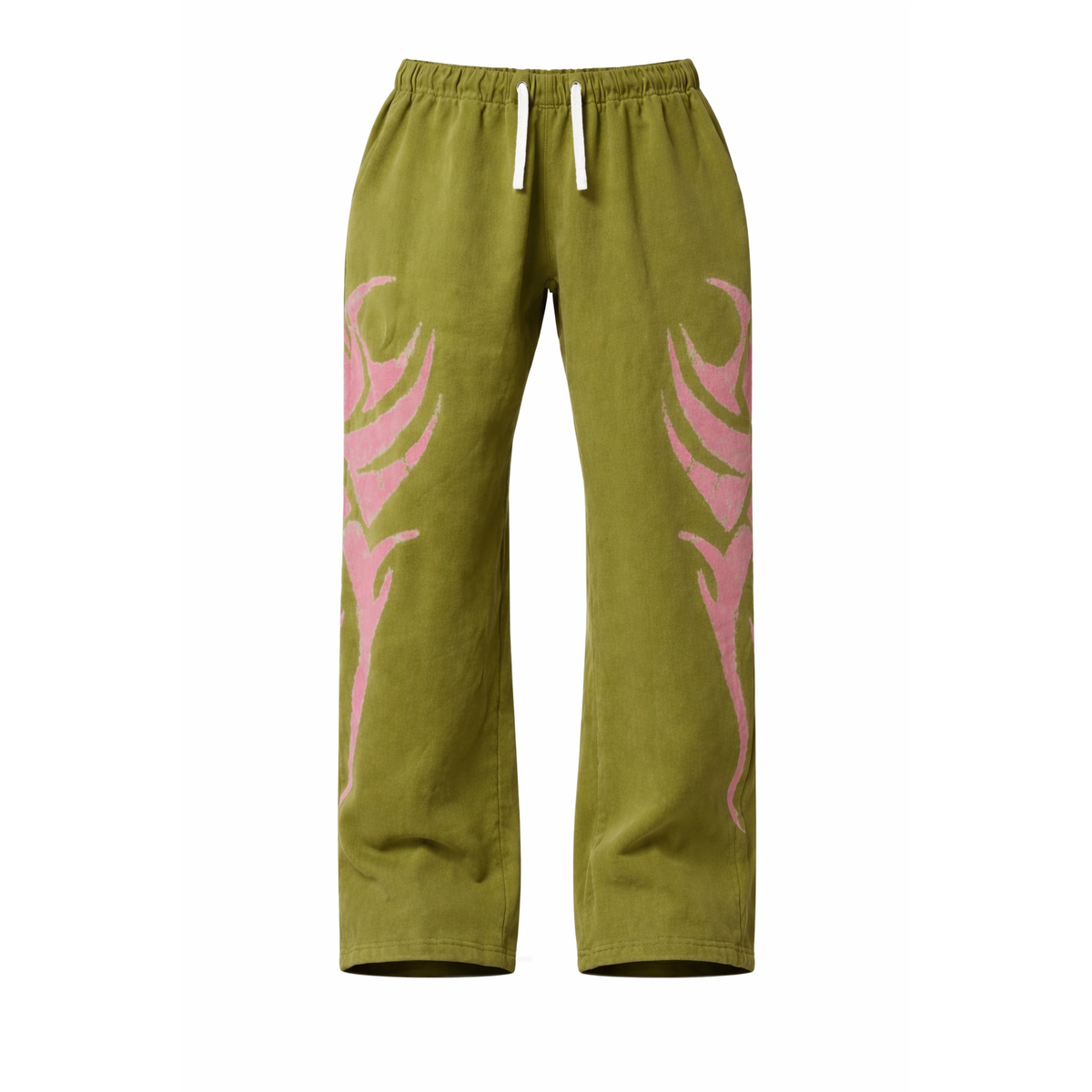 Olive green wide-leg sweatpants with an elastic waist, white drawstring, and large pink tribal flame designs on each leg.