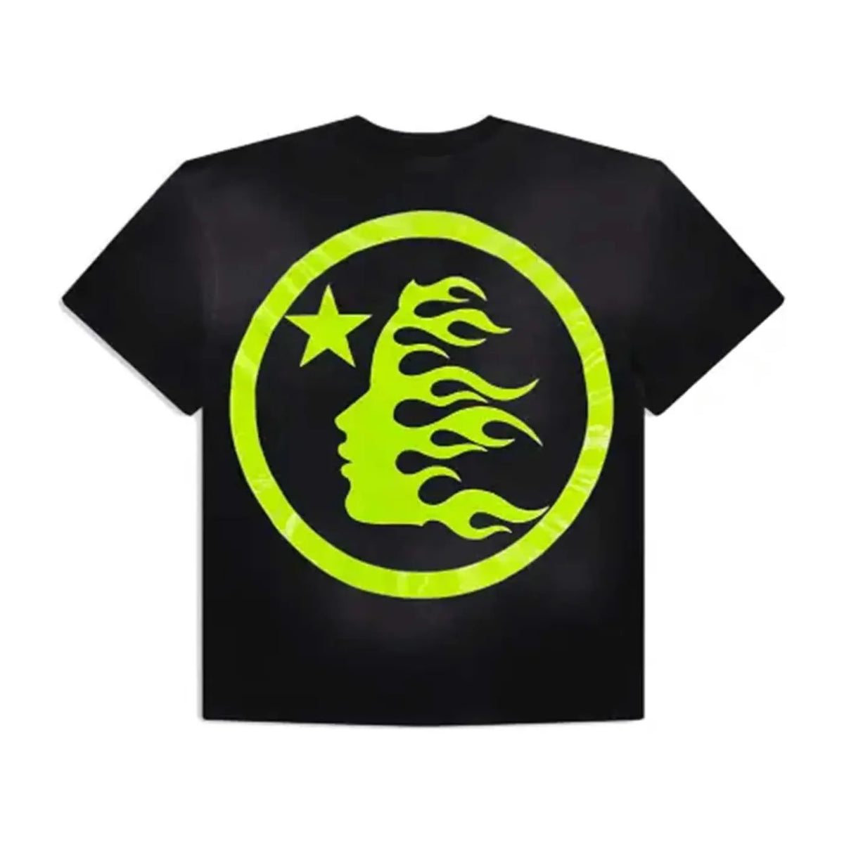 Black Hellstar Studios Gel Sport Tee. Large neon green logo on back: a circle with a flaming face profile & star.
