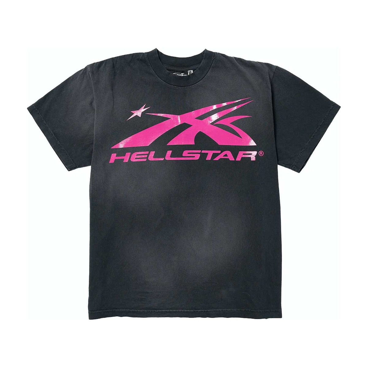 Washed black short-sleeve Hellstar tee featuring a prominent pink gel sport logo with a stylized X, star, and 'HELLSTAR' text.