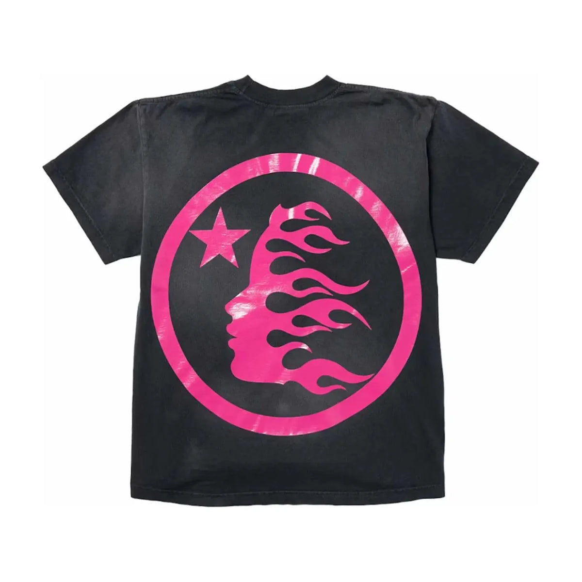 Hellstar Studios washed black Gel Sport Logo Tee. Pink graphic: flaming head profile & star in a distressed circle.