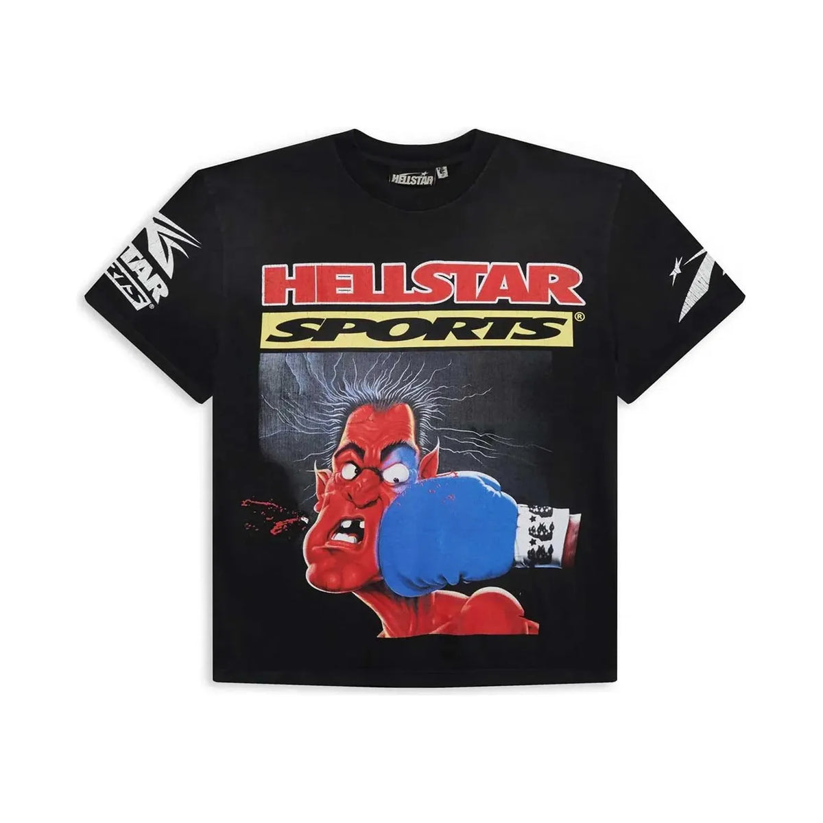 Black Hellstar Studios 'Sports Knock Out' tee: red 'HELLSTAR SPORTS' text & a red devil character punched by a blue glove.