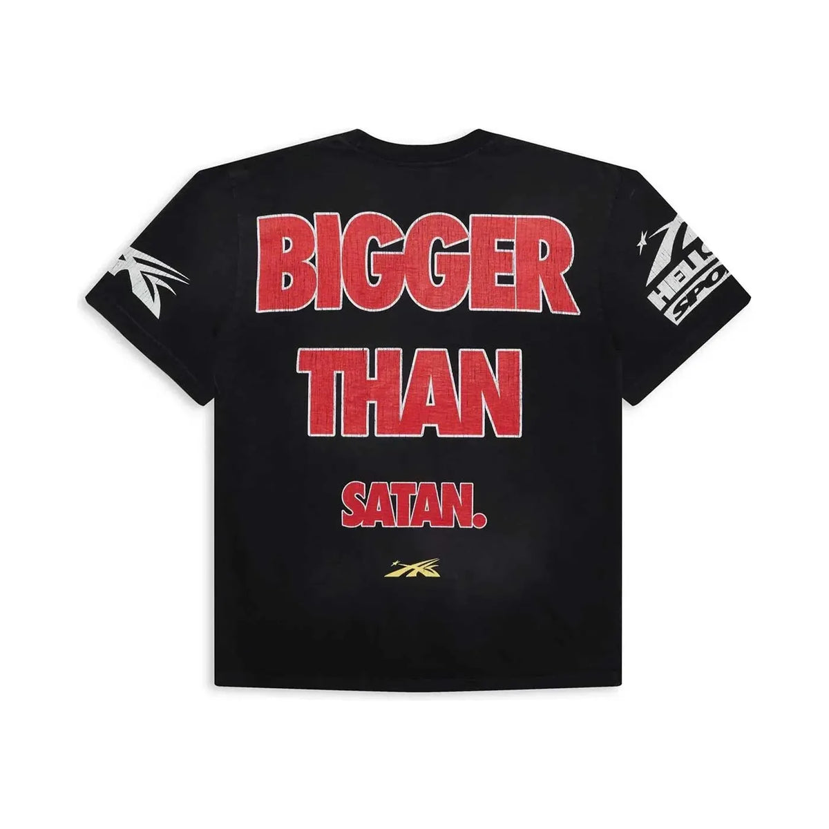 Black Hellstar Studios tee with red 'BIGGER THAN SATAN.' on back. White Hellstar Sports logo on right sleeve, wing graphic on left.