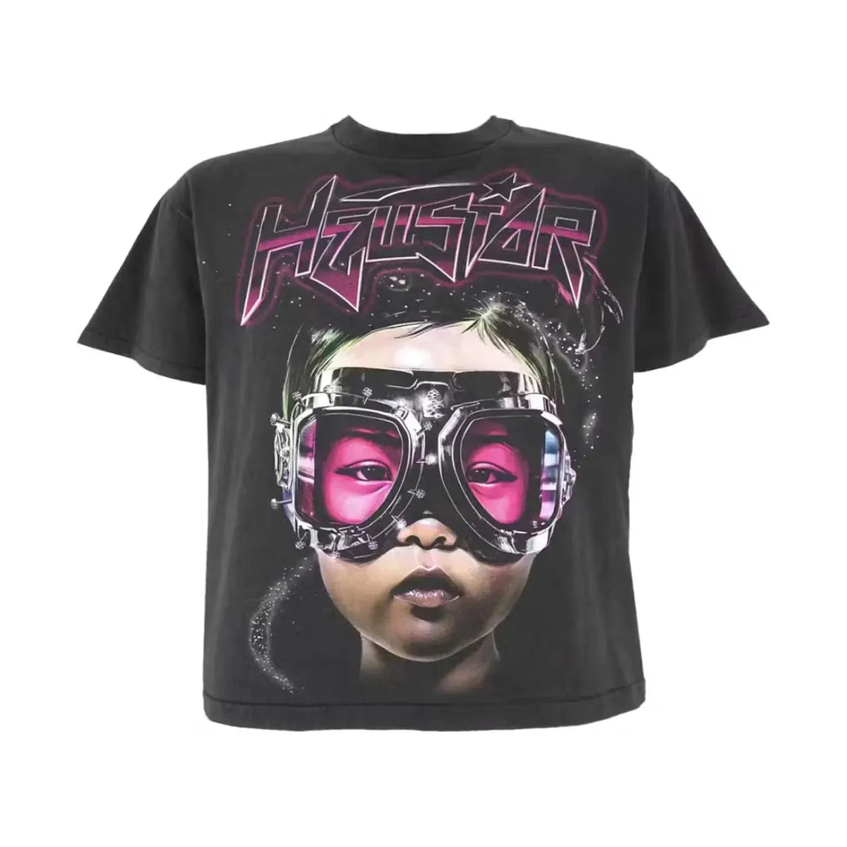 Hellstar Studios washed black tee with "Hellstar" in pink, above a child's face in futuristic goggles with pink lenses.