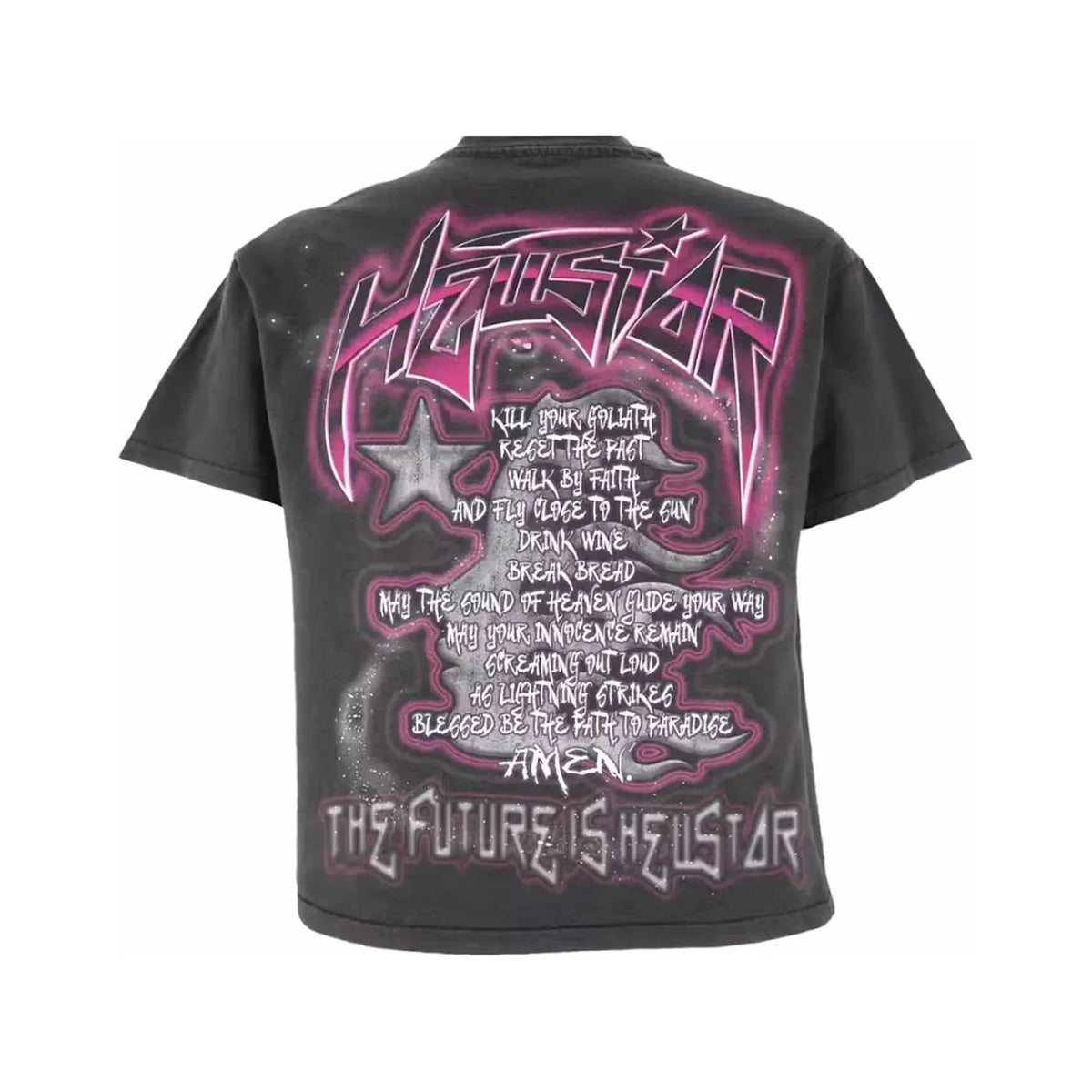 Washed black Hellstar tee, back view. Pink & white "HELLSTAR" logo, star, & text graphic with "THE FUTURE IS HELLSTAR" at bottom.