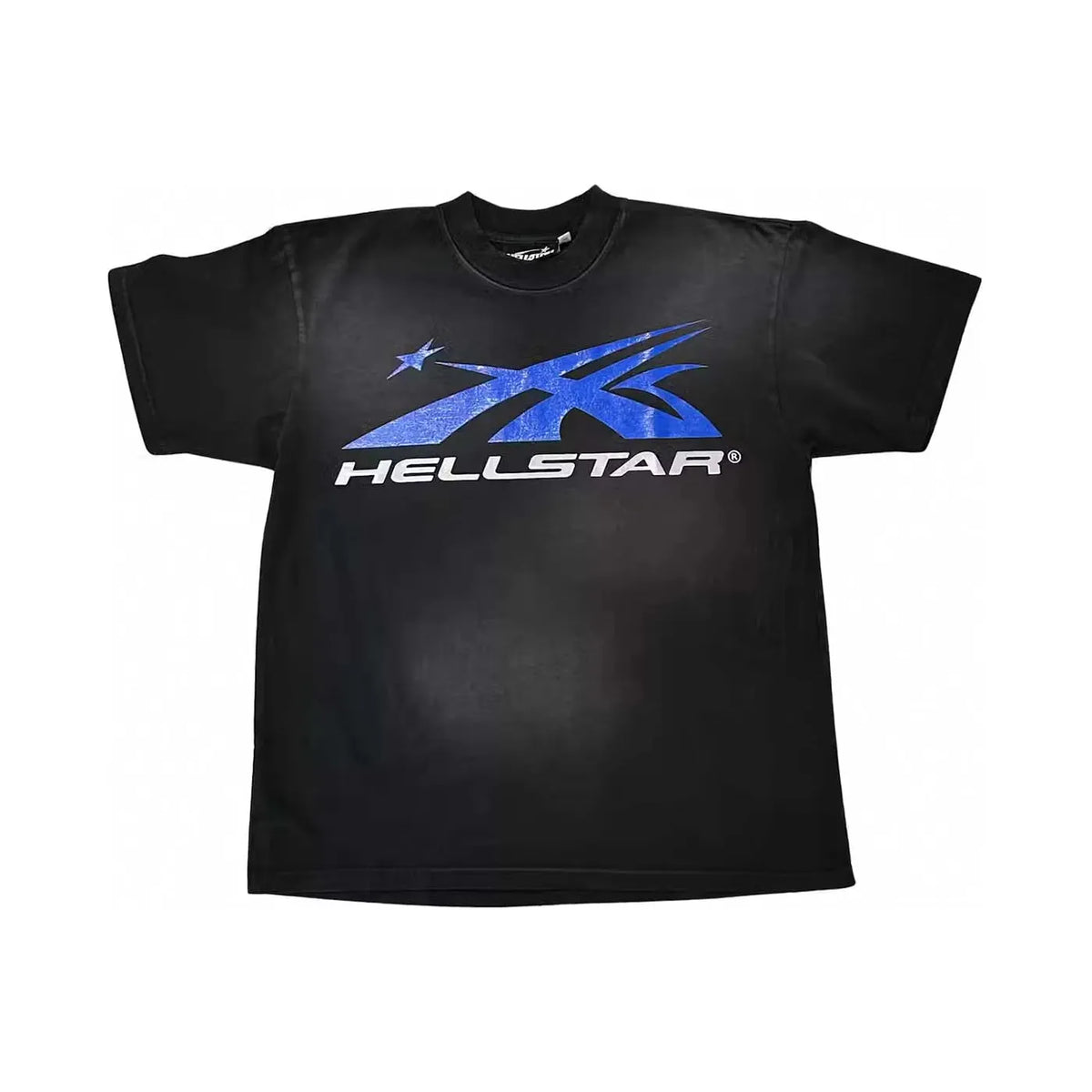 Hellstar Studios black/grey short-sleeve tee. Blue/white "Gel Sport" logo features a star and stylized X.