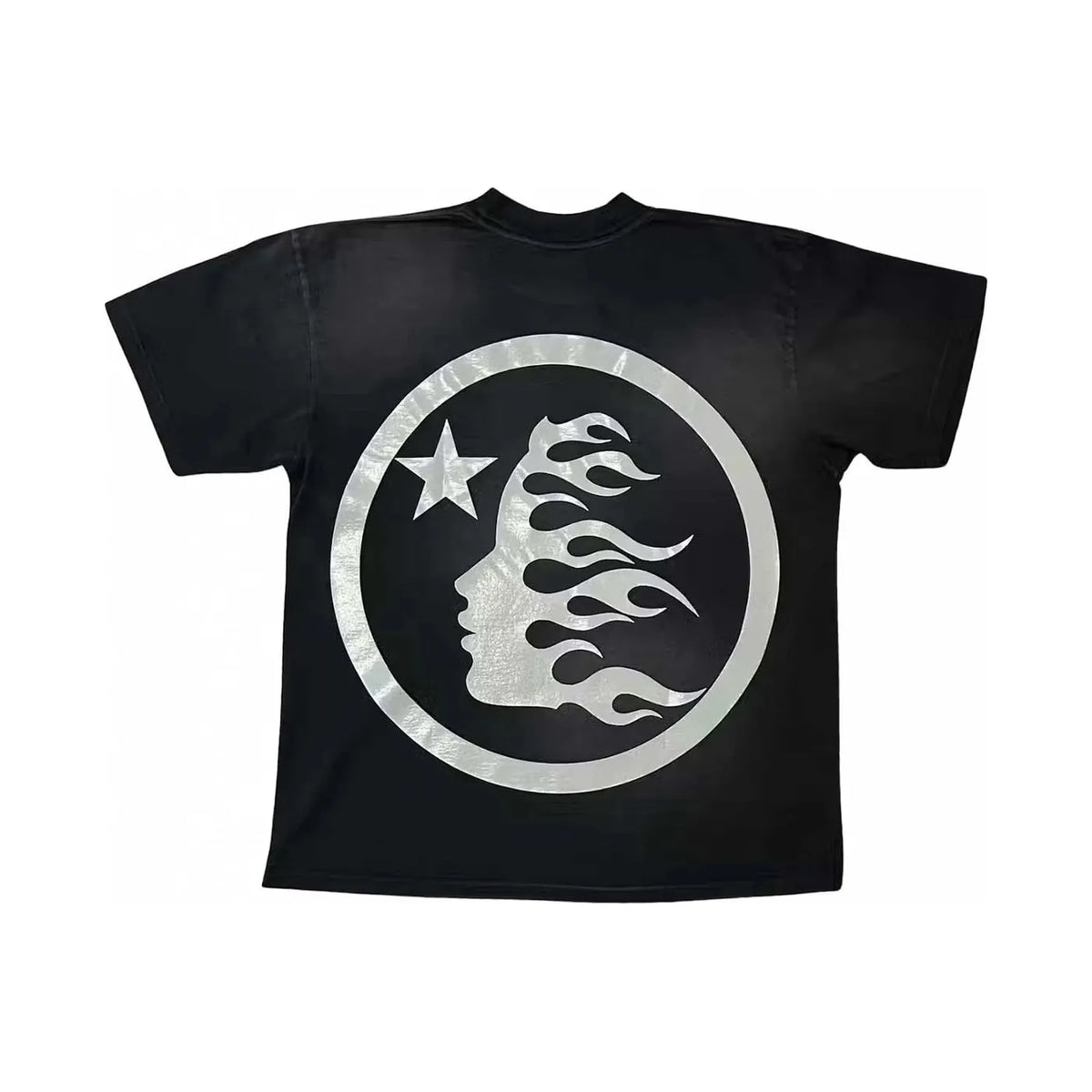 Black Hellstar Studios t-shirt with a large silver circular logo on the back, featuring a flaming face profile and a star.