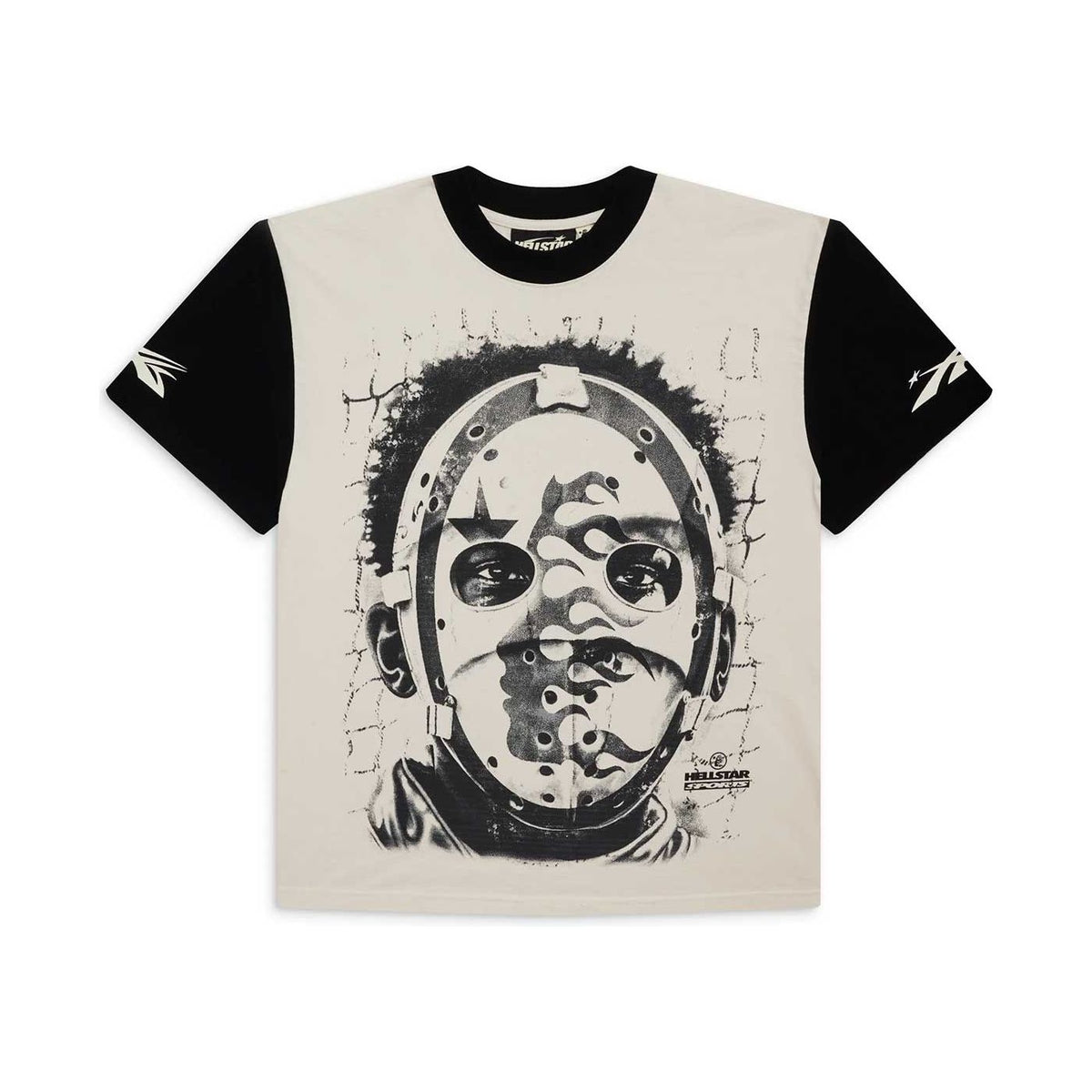 Hellstar cream raglan tee with black sleeves. Front: B&W graphic of a person wearing a flame-detailed hockey mask. White Hellstar '7' logos on sleeves.