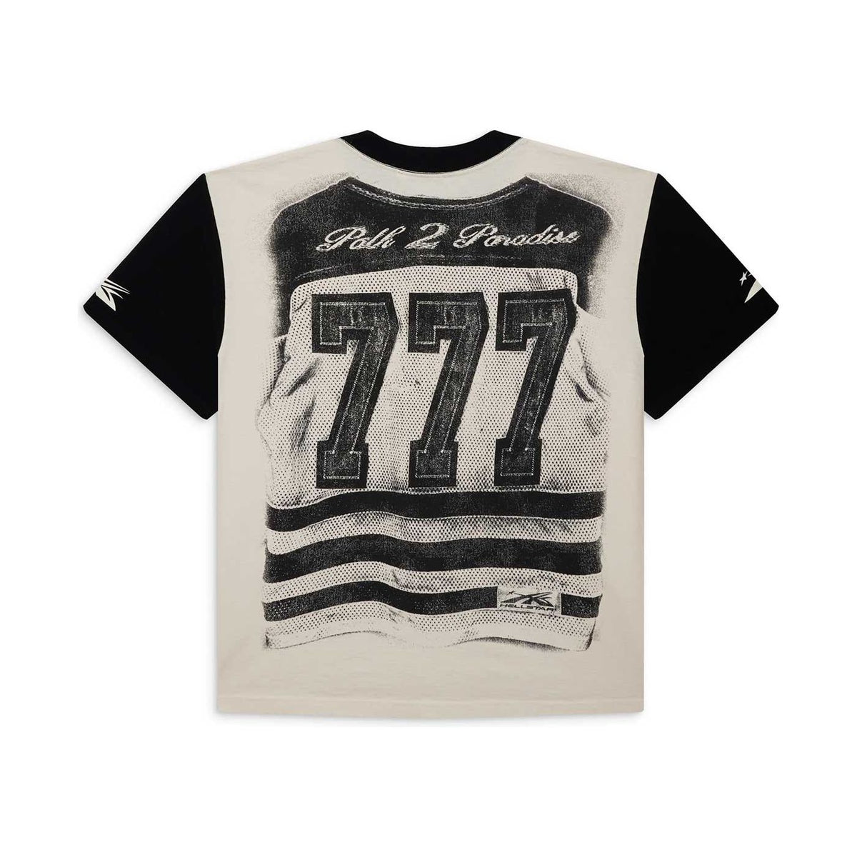 Hellstar Sports 777 Tee. Beige body, black sleeves with stars. Back: distressed "Path 2 Paradise" & "777" jersey graphic.