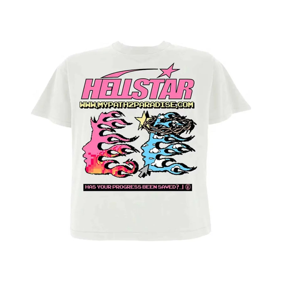 White Hellstar Pixel Tee. Pink pixelated logo above two pixel faces: pink flames, blue clouds with crown. "PROGRESS SAVED?" text.