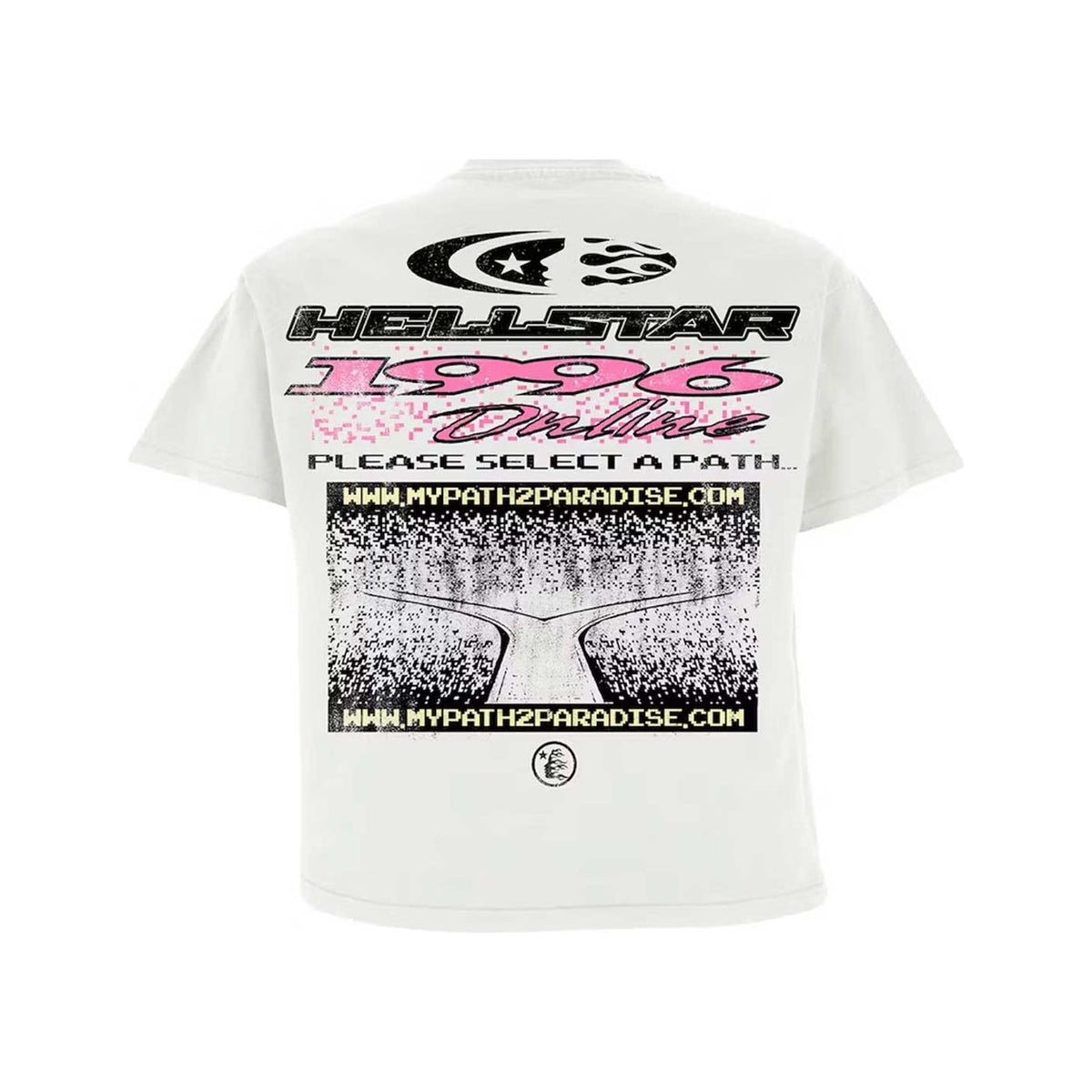 Hellstar Studios white Pixel Tee with black/pink '1996 Online' text and a pixelated road graphic with 'MyPath2Paradise.com'.