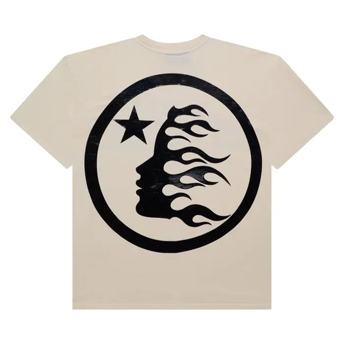 Hellstar Studios Gel Sport Logo Tee. Cream tee with large black circle logo on back: face profile with flames & star.