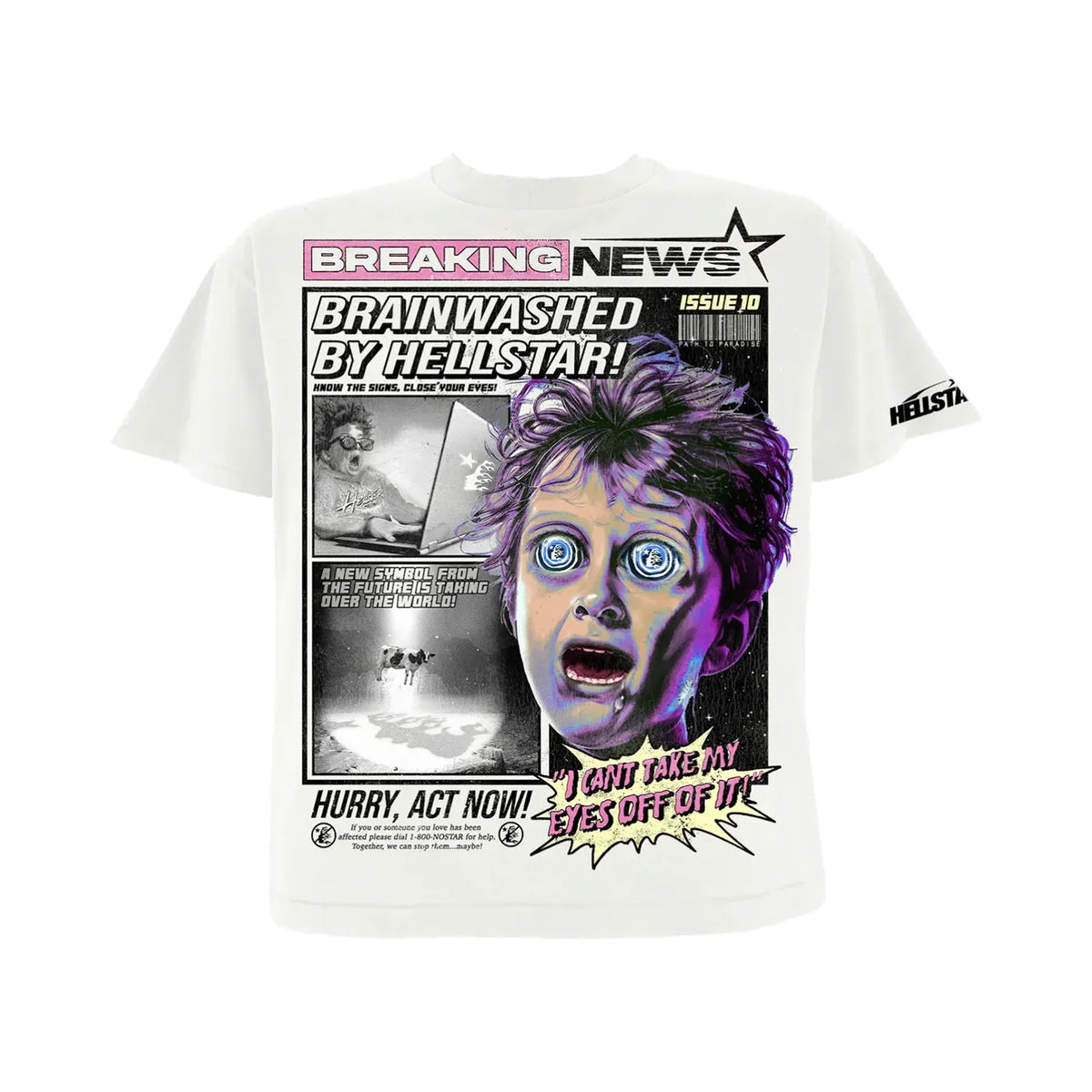 White Hellstar "Breaking News" tee with newspaper graphic: person with spiral eyes, UFO cow. "Brainwashed by Hellstar!