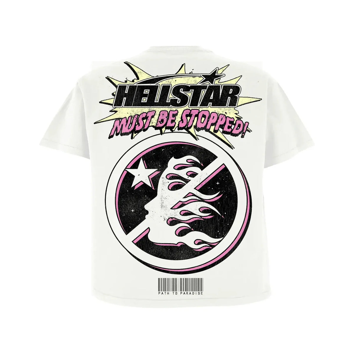 White Hellstar tee with back graphic: "HELLSTAR MUST BE STOPPED!" text, and a pink-outlined 'no' symbol over a white face with pink flames.