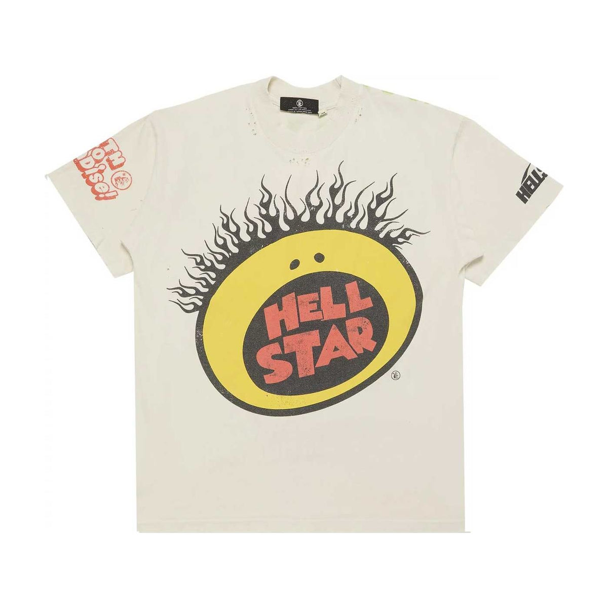 Cream, distressed Hellstar Slime Tee. Front: yellow mouth with black flames & red 'HELL STAR'. Left sleeve: red 'OH MY GOD!', right: black 'HELLSTAR'.