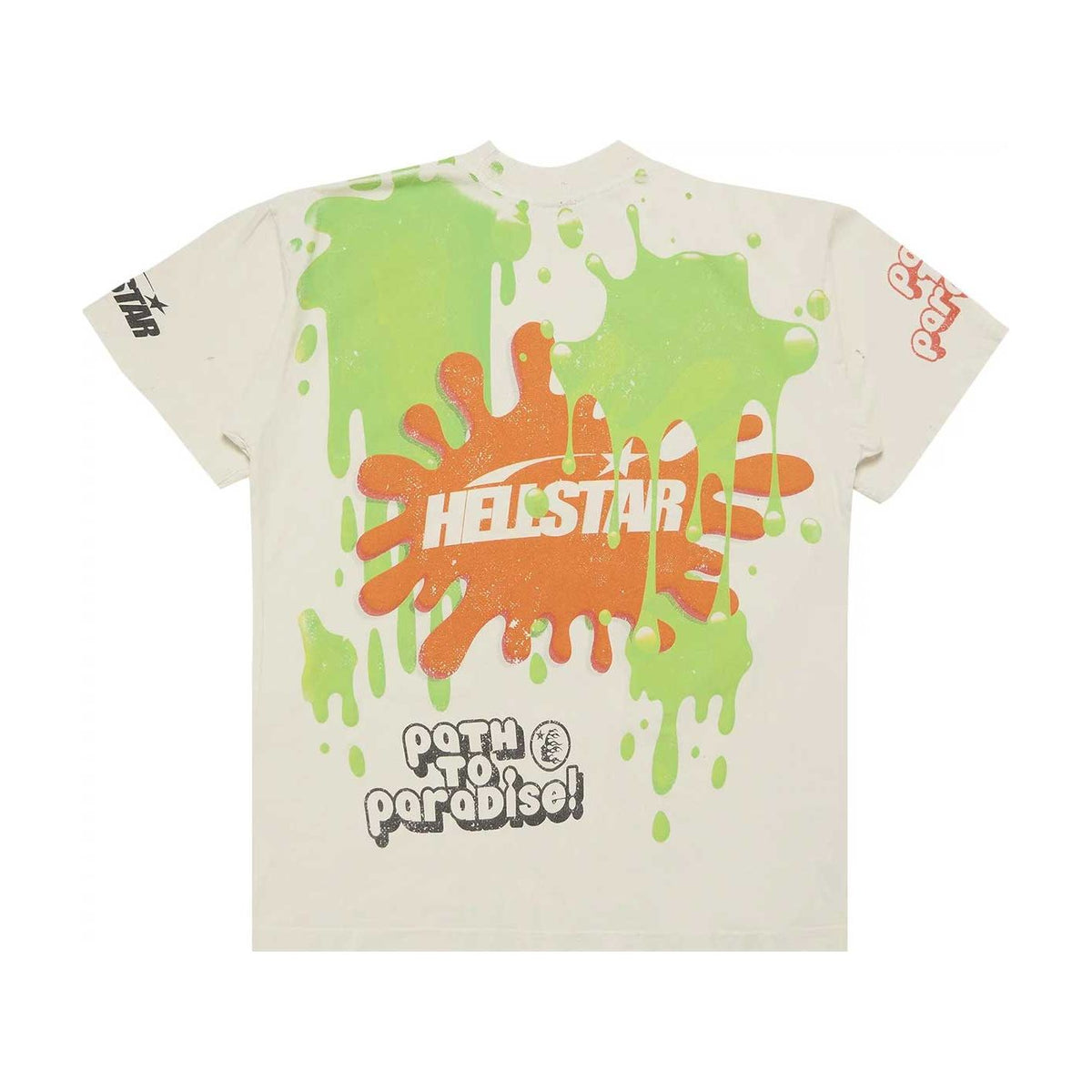 Cream Hellstar Slime Tee. Back: green slime drips, orange splat with "HELLSTAR", and "PATH TO paradise!" graphic.