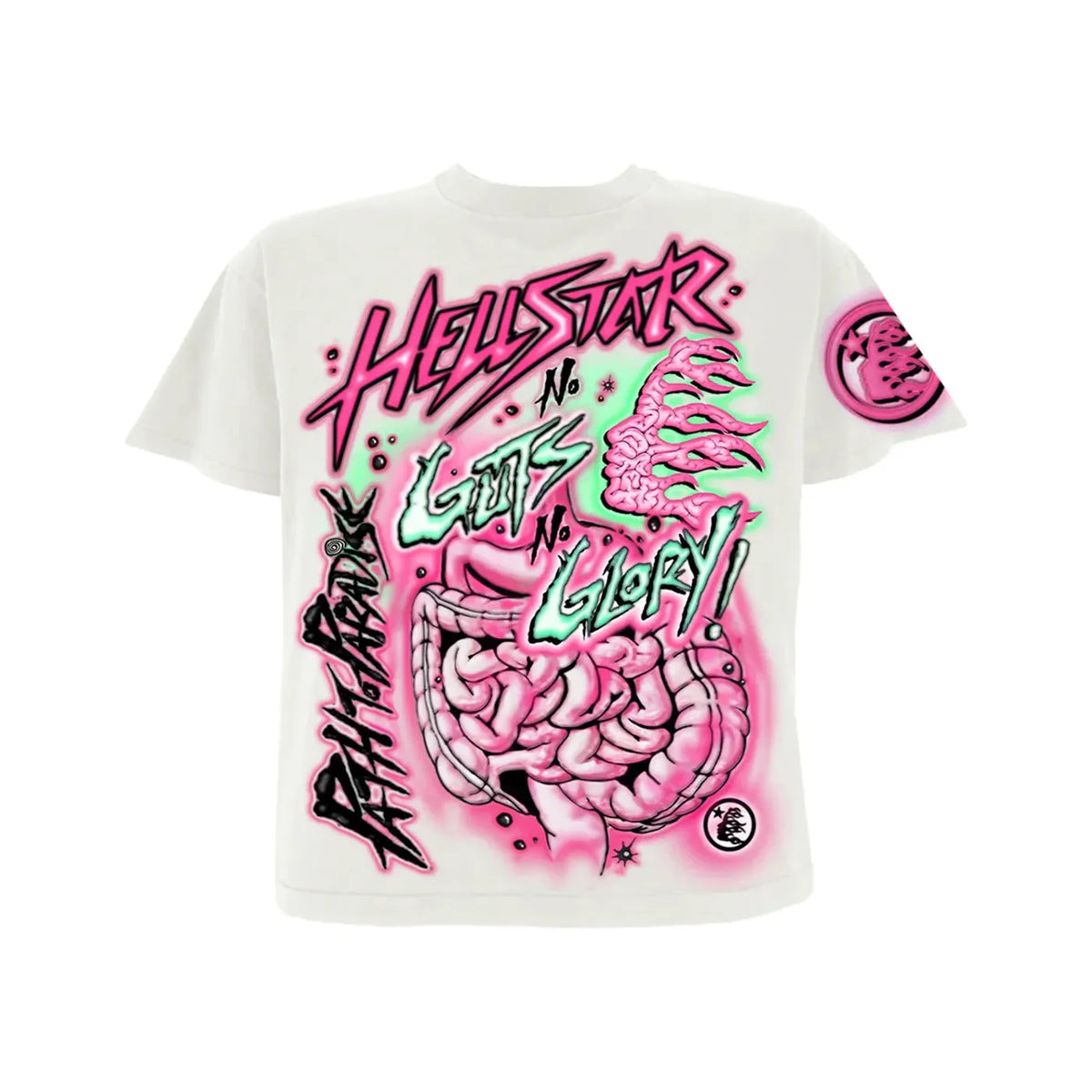Off-white Hellstar Studios tee with "HELLSTAR No GUTS No GLORY!" text in neon pink/green, featuring brain-like tentacles & guts.