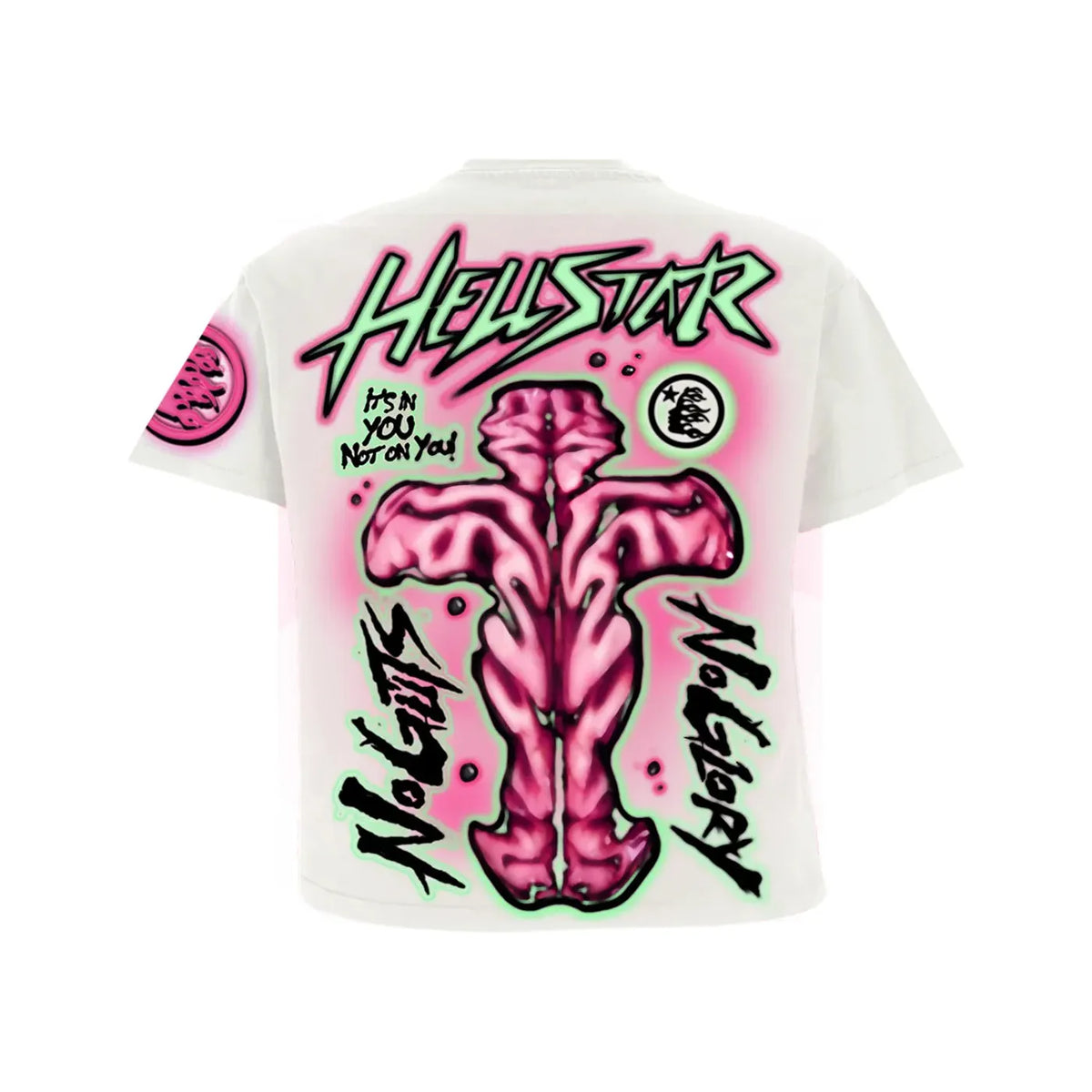 White Hellstar Studios No Guts No Glory tee. Back features pink airbrush, large pink brain graphic, neon green HELLSTAR, "No Guts", "No Glory".