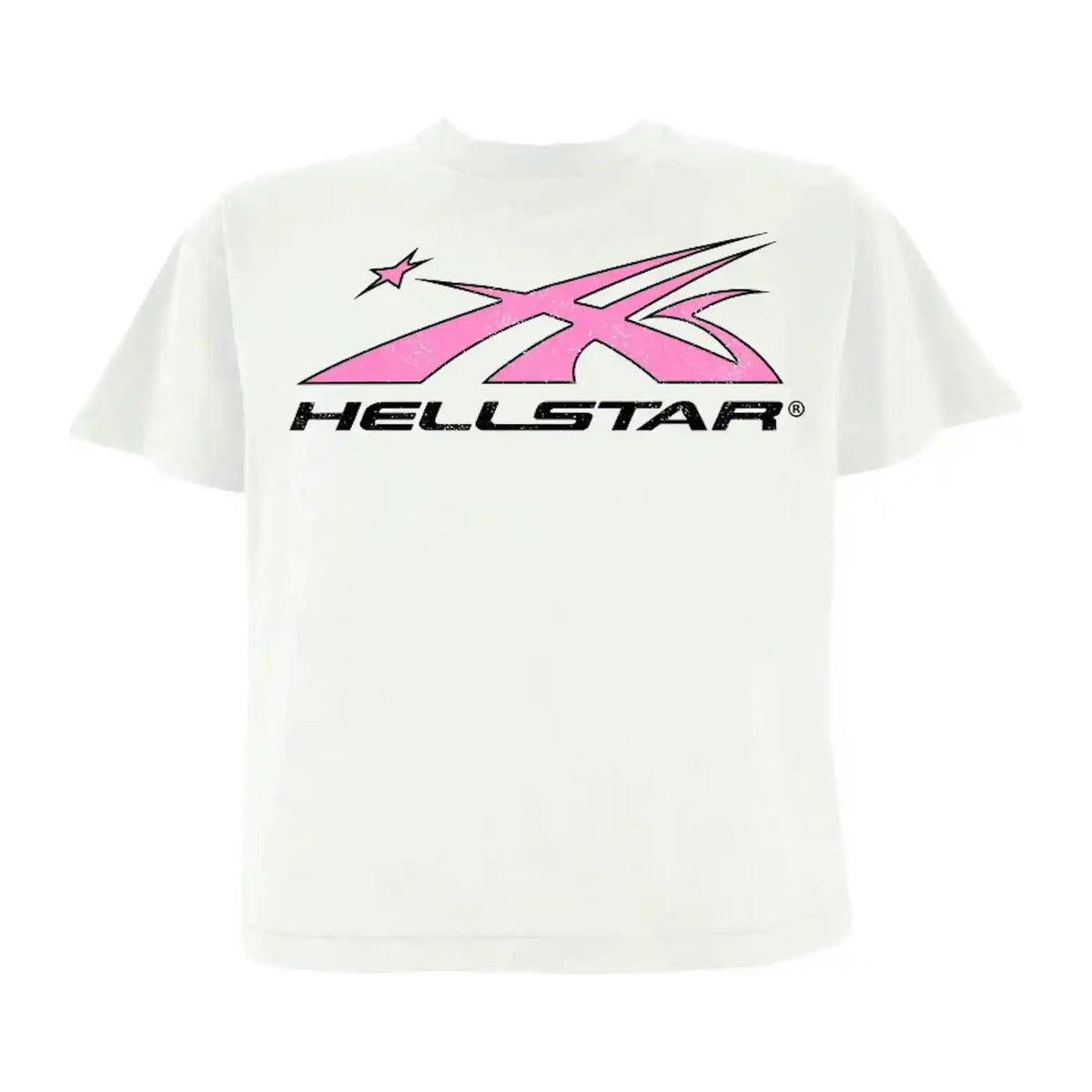 Cream Hellstar Studios Gel Sport Logo Tee: distressed pink star and stylized graphic above black HELLSTAR text.