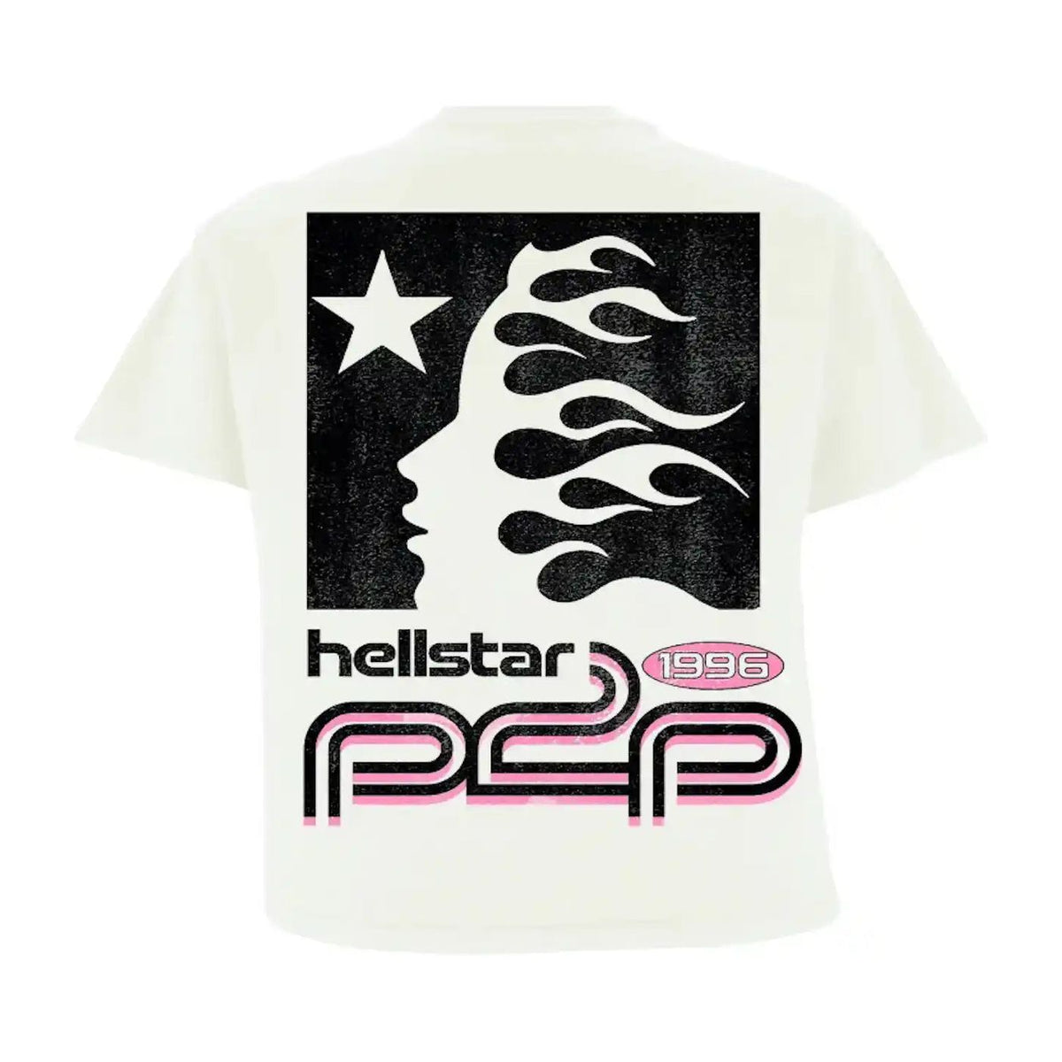 Cream Hellstar Studios tee with black square graphic: white face profile, flames, star. Below: hellstar P2P 1996 in black/pink.
