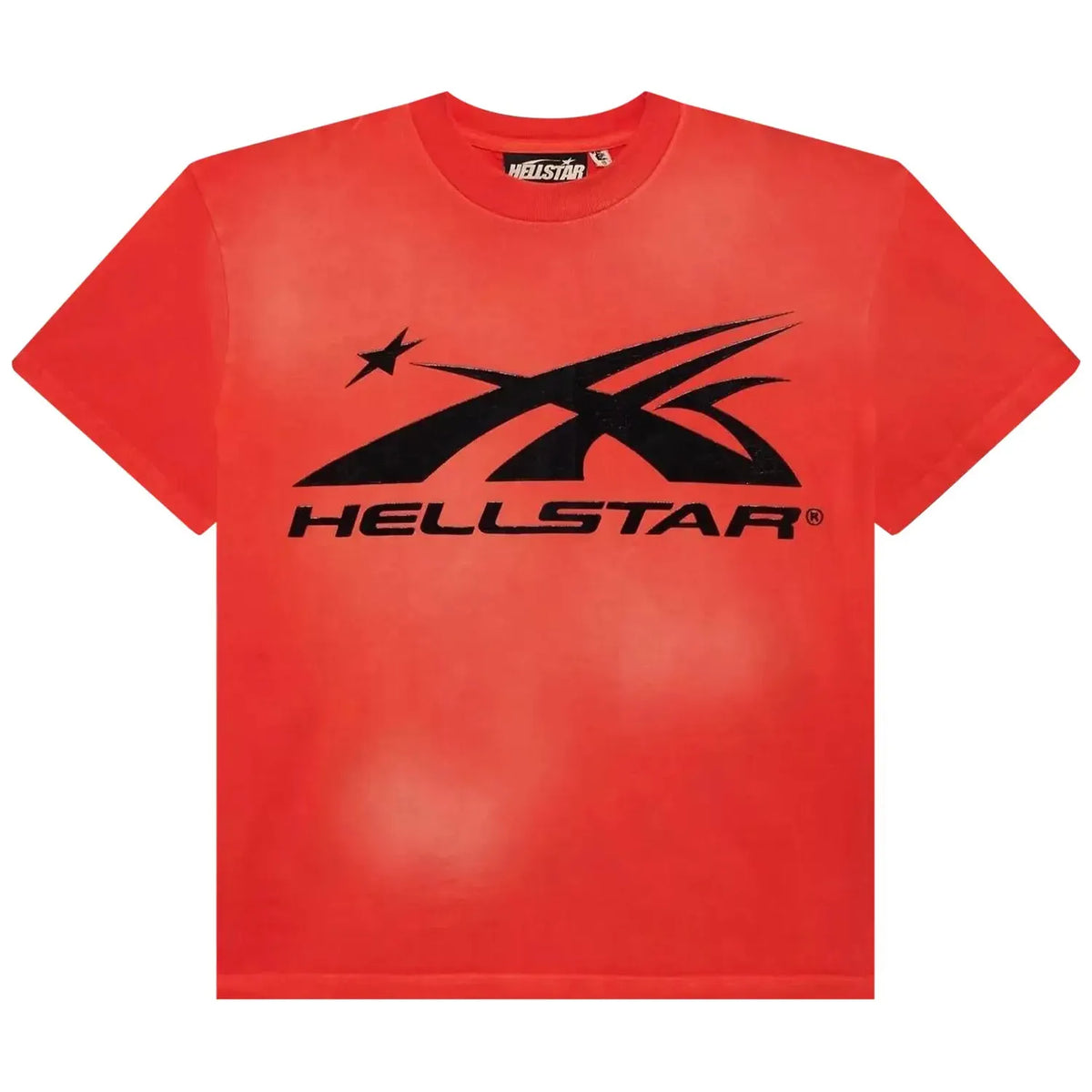 Red Hellstar Studios tee featuring a prominent glossy black gel sport logo with a star icon and HELLSTAR text.