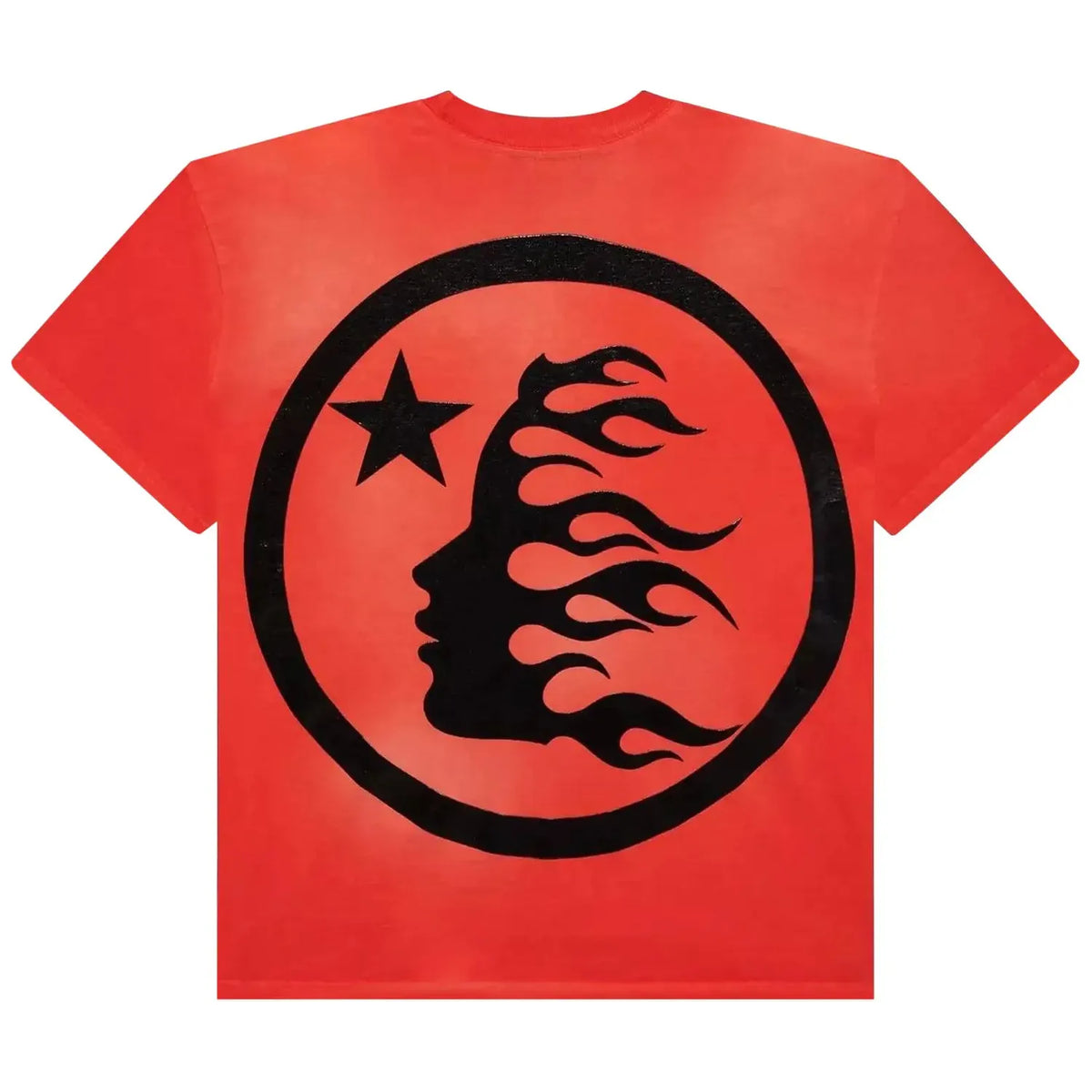 Red Hellstar Studios tee with central black gel logo: profile face, star, and flames inside a circle.