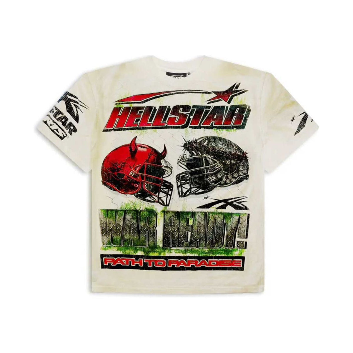 Distressed cream Hellstar Studios War Ready tee. Features devil & spiked helmets, "HELLSTAR," "WAR READY," and "PATH TO PARADISE" graphics.