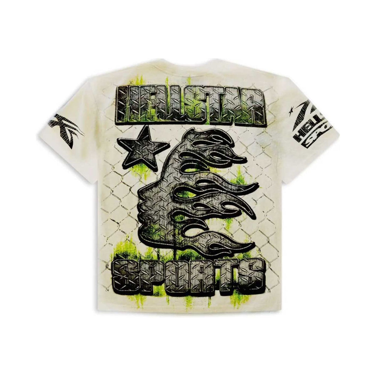 Cream Hellstar War Ready Tee. Back: metallic diamond-plate HELLSTAR STUDIOS text, star, & flame graphic over chainlink with green splatters.