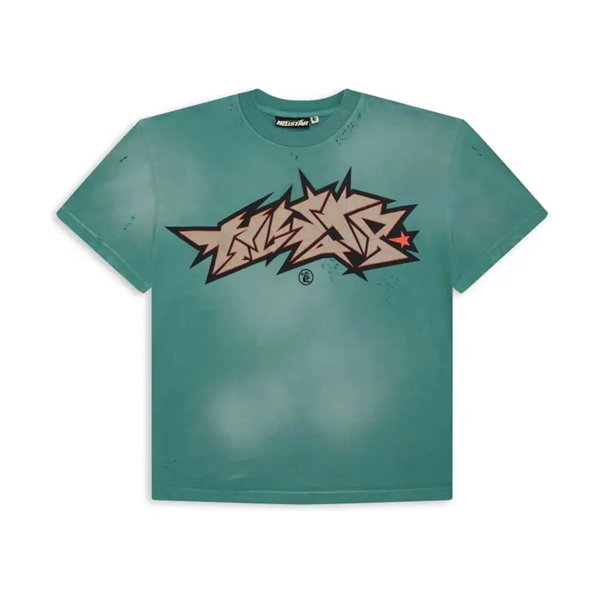 Hellstar Studios washed green tee with a cracked, jagged tan & black Hellstar logo and a red star. Distressed fabric.