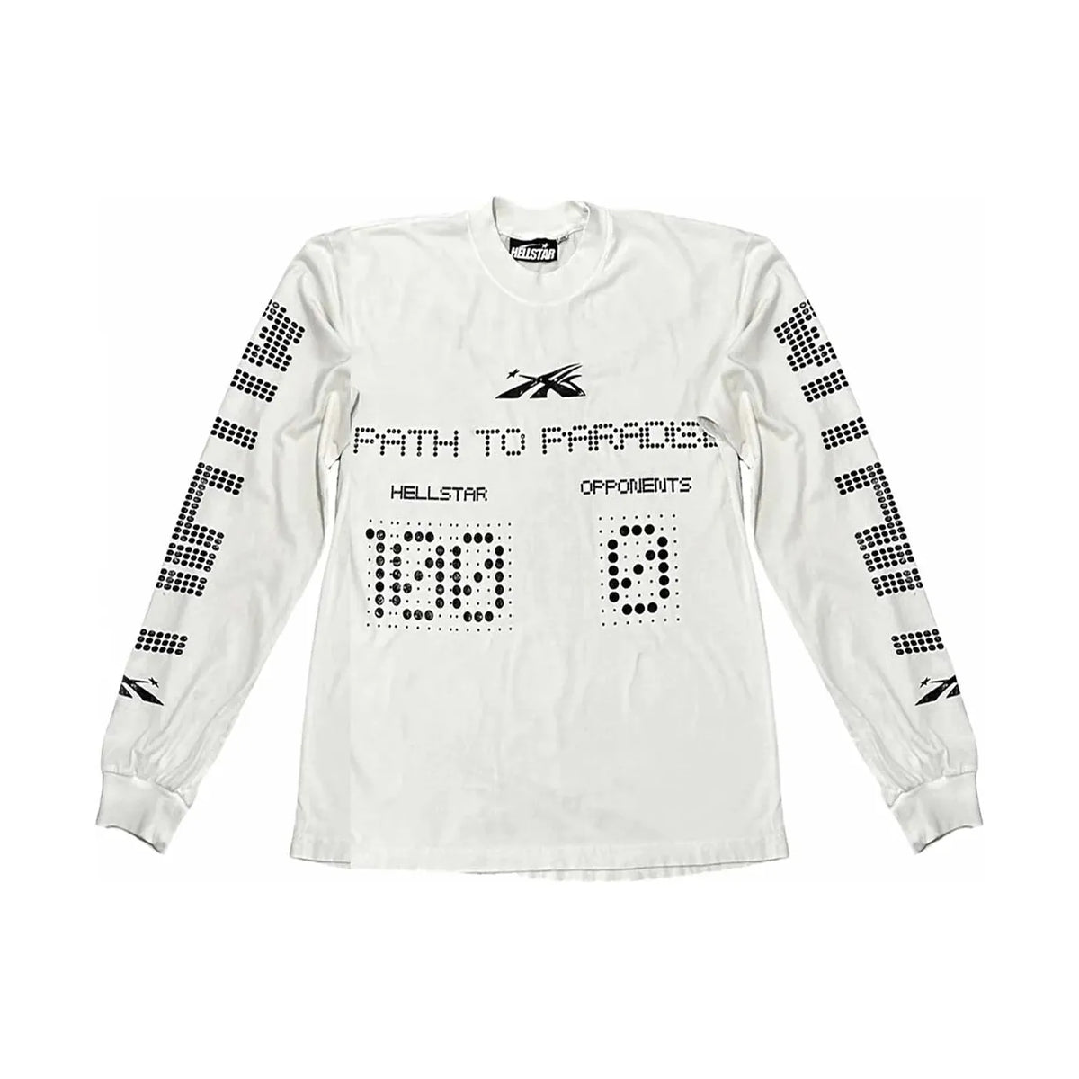 Cream Hellstar Scoreboard Long Sleeve Tee. Front: 'PATH TO PARADISE' text & digital '13:61' vs '1:3' scoreboard. Dot patterns on sleeves.
