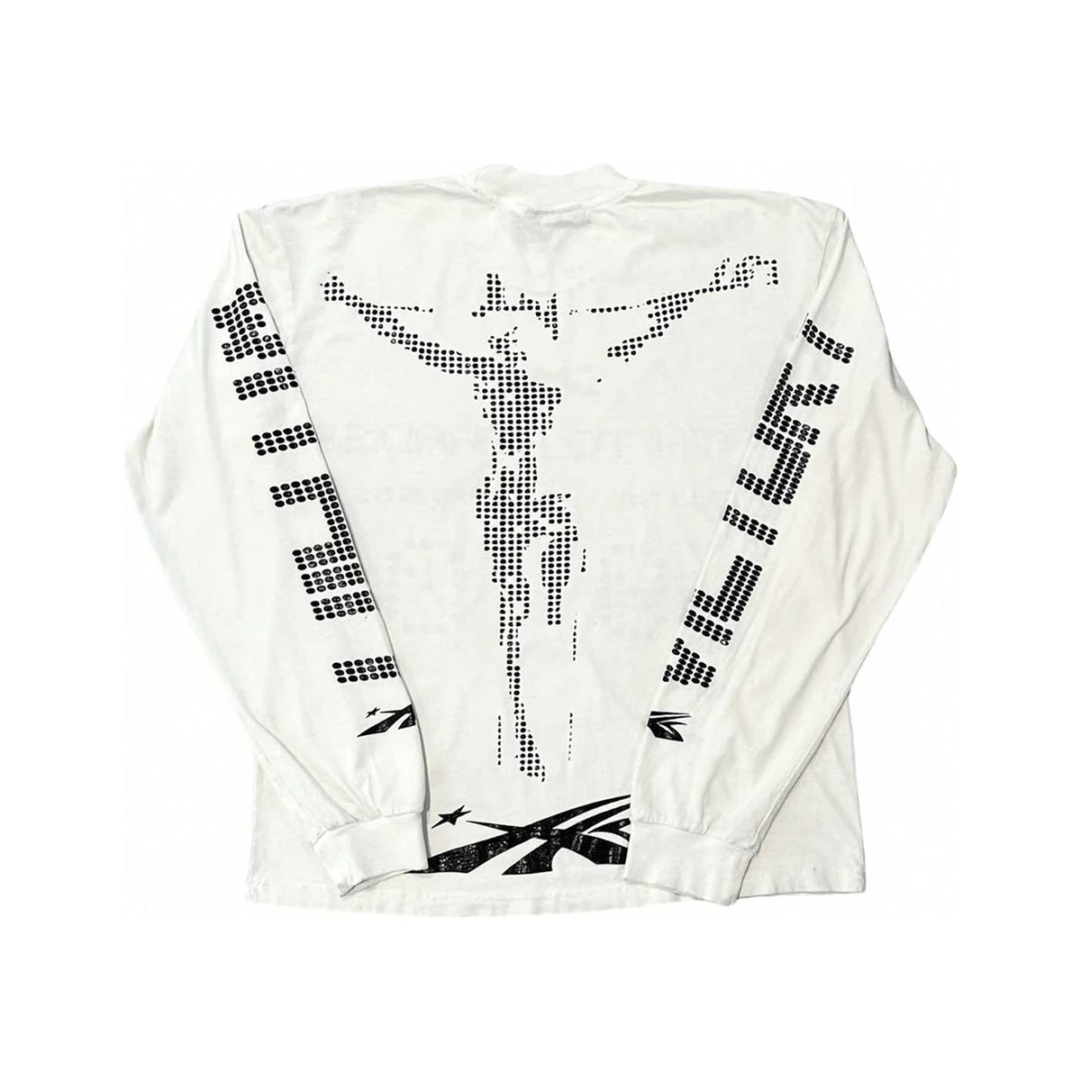 Cream Hellstar Studios Long Sleeve Tee with black dotted crucifix on back, "HELLSTAR" & "STUDIOS" on sleeves, & star logos.