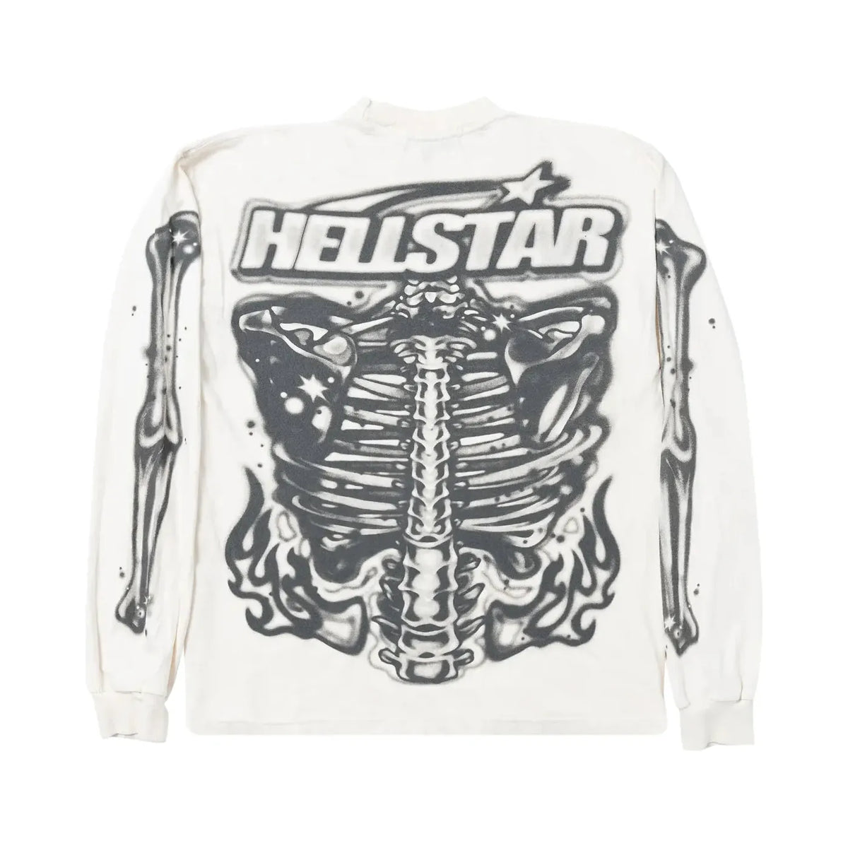 Hellstar cream long sleeve tee, back view, with airbrushed black skeleton bones on torso & arms, and "HELLSTAR" with a star.