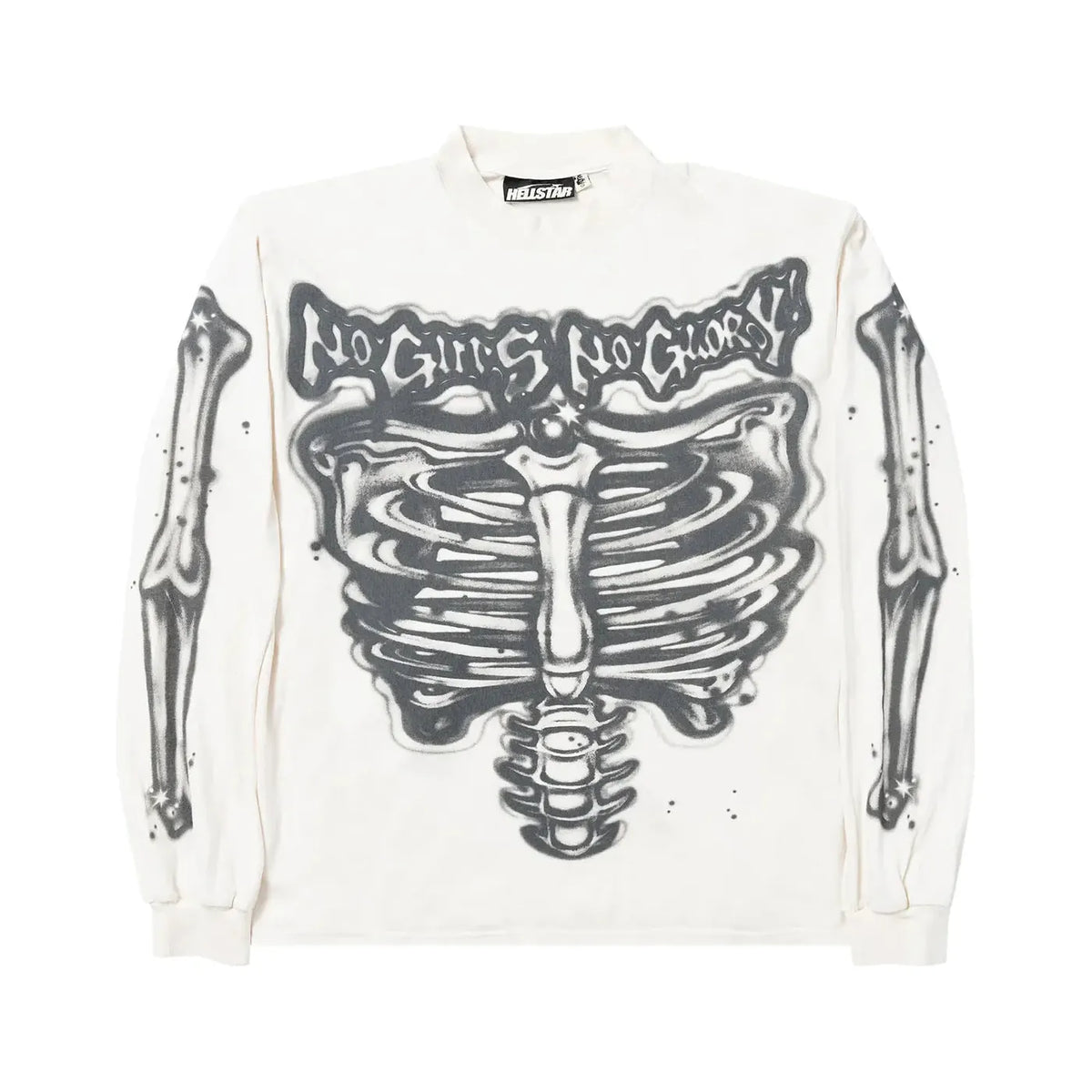 Hellstar cream long sleeve tee. Grey airbrushed skeleton rib cage, arm bones, and "NO GUTS NO GLORY" text.