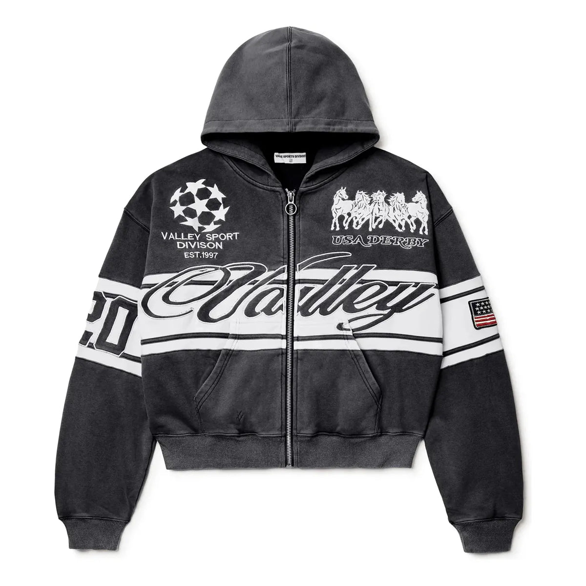 Washed black zip hoodie with large white cursive 'Valley' on a white stripe, plus soccer ball, horse, and USA flag graphics.