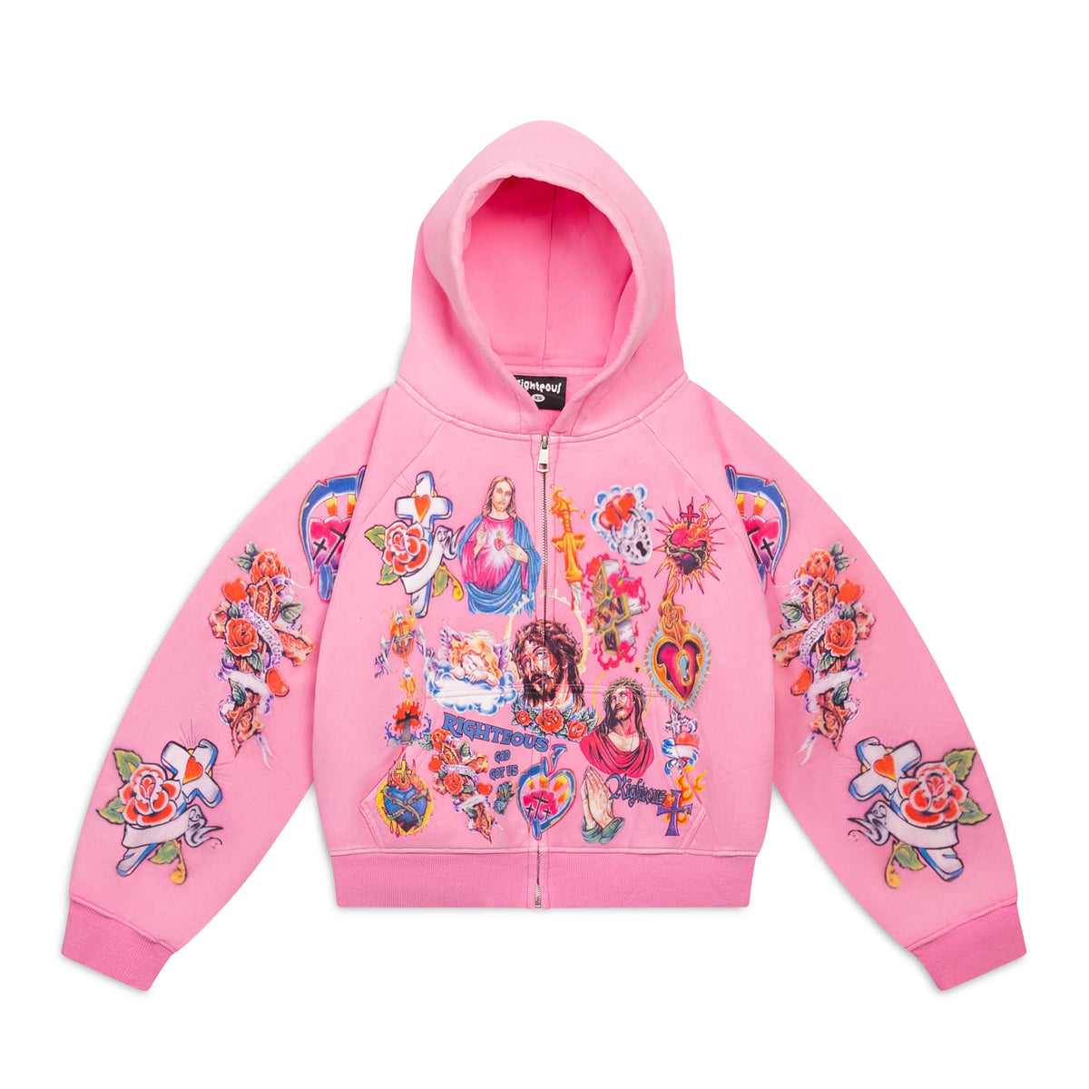 Pink We Are Righteous cropped zip-up hoodie featuring colorful Risen King graphics: Jesus, Virgin Mary, crosses, & roses.
