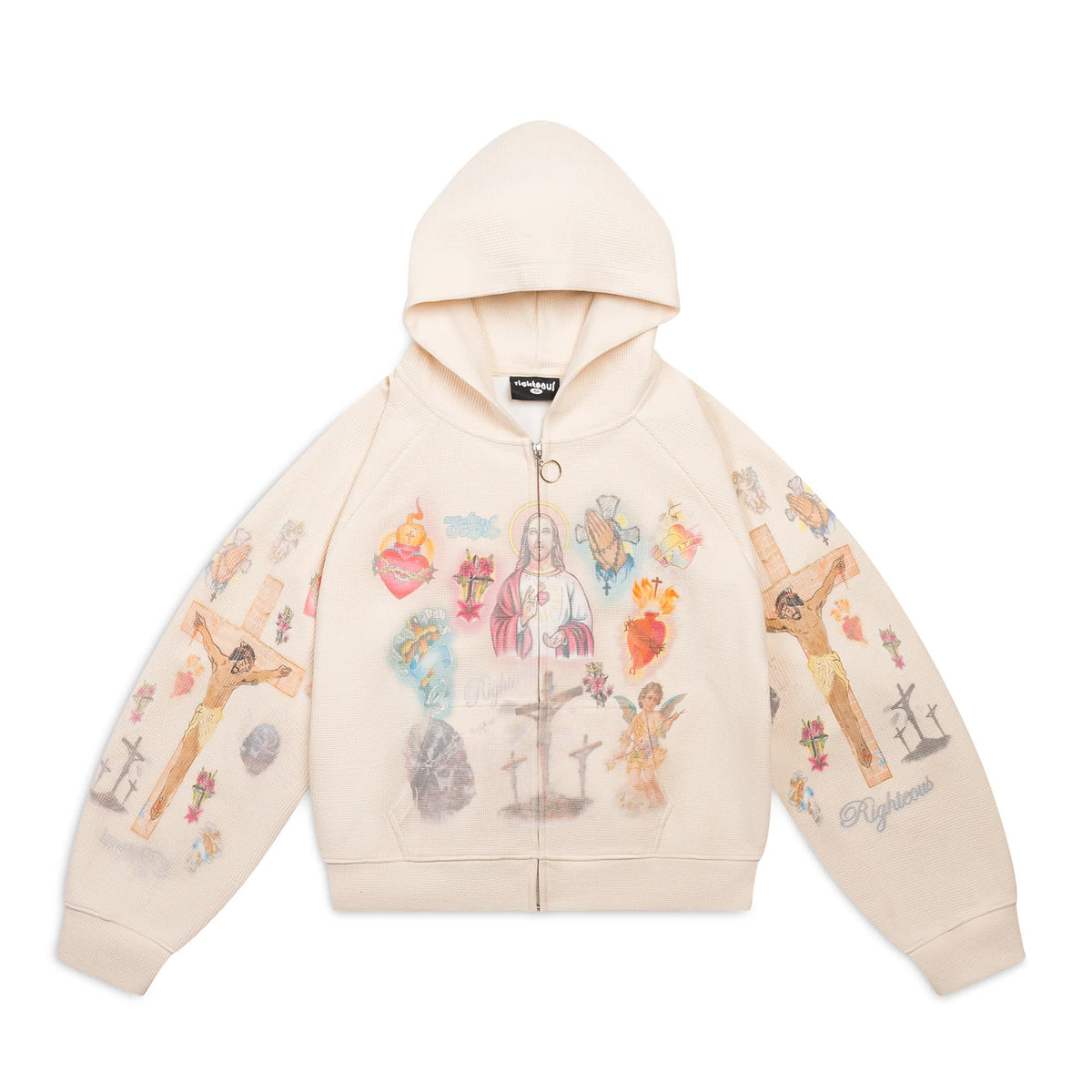 Cream We Are Righteous thermal zip-up hoodie covered in detailed religious art: Jesus, sacred hearts, crosses, and angels.