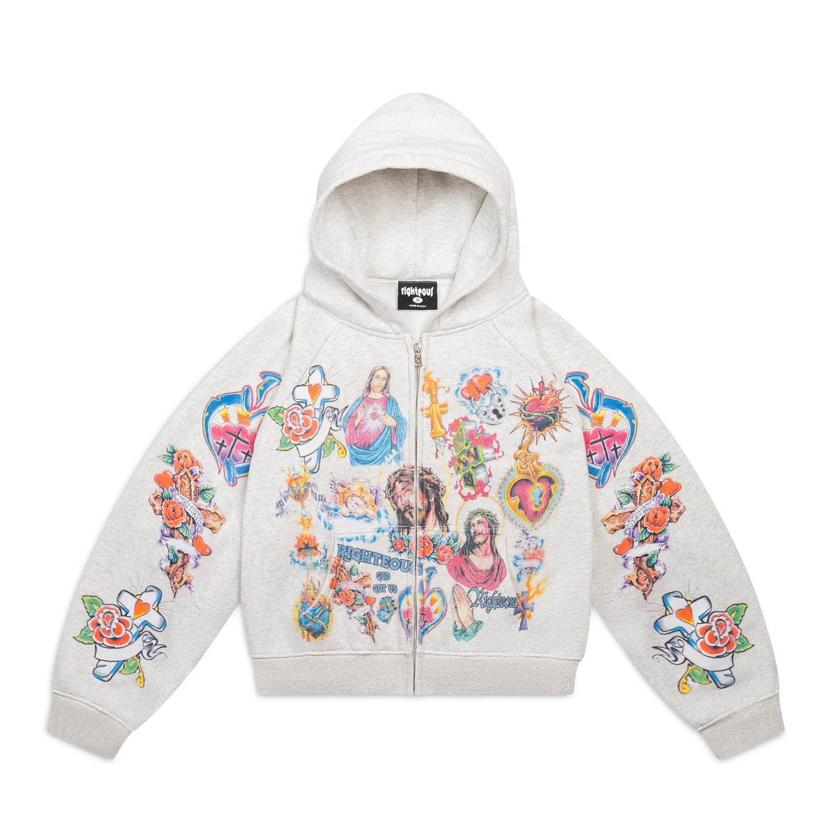 Grey cropped zip-up hoodie by Righteous, featuring colorful tattoo-style Christian imagery like Jesus, crosses, and roses.
