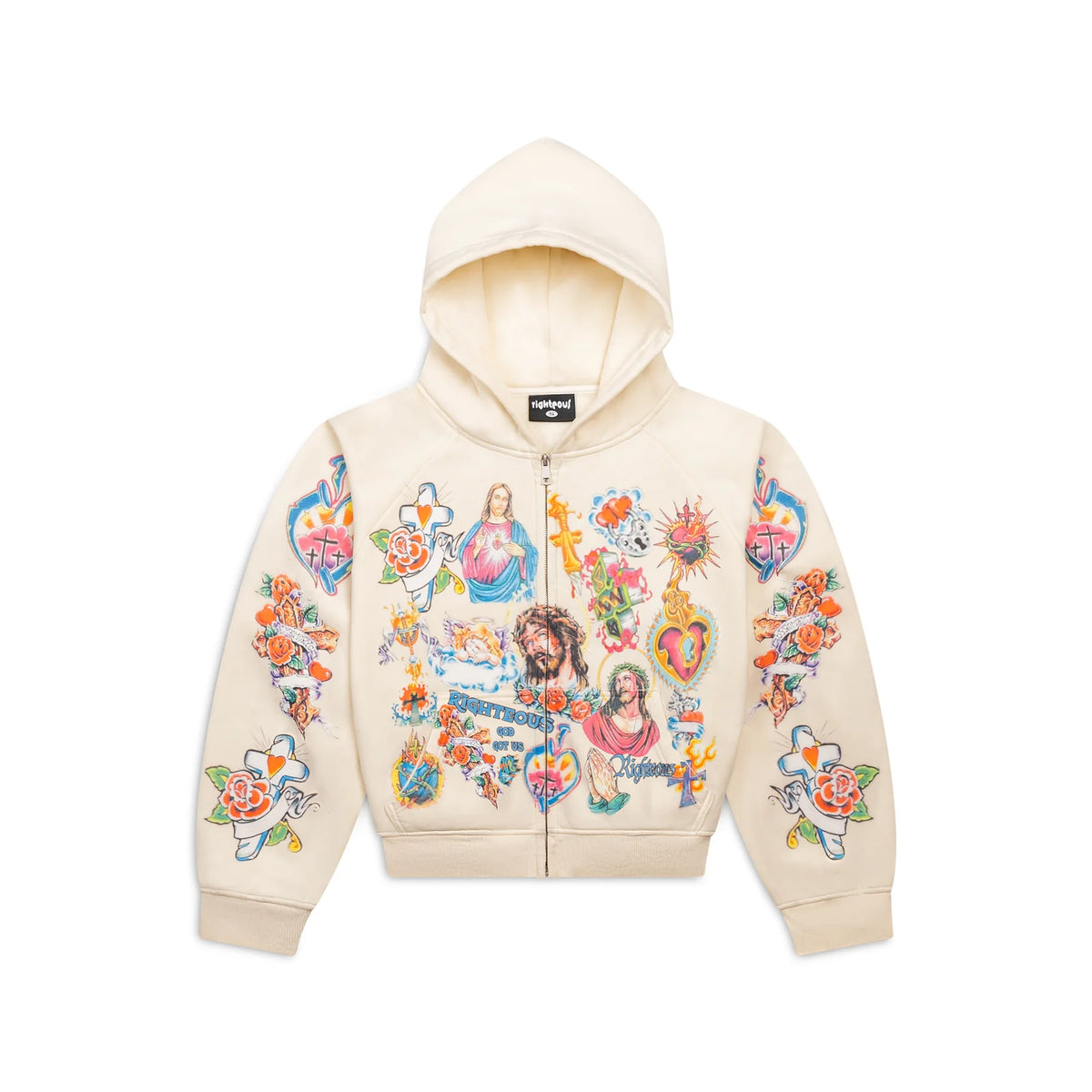 Cream We Are Righteous cropped zip-up hoodie featuring colorful religious tattoo-style graphics on front & sleeves.