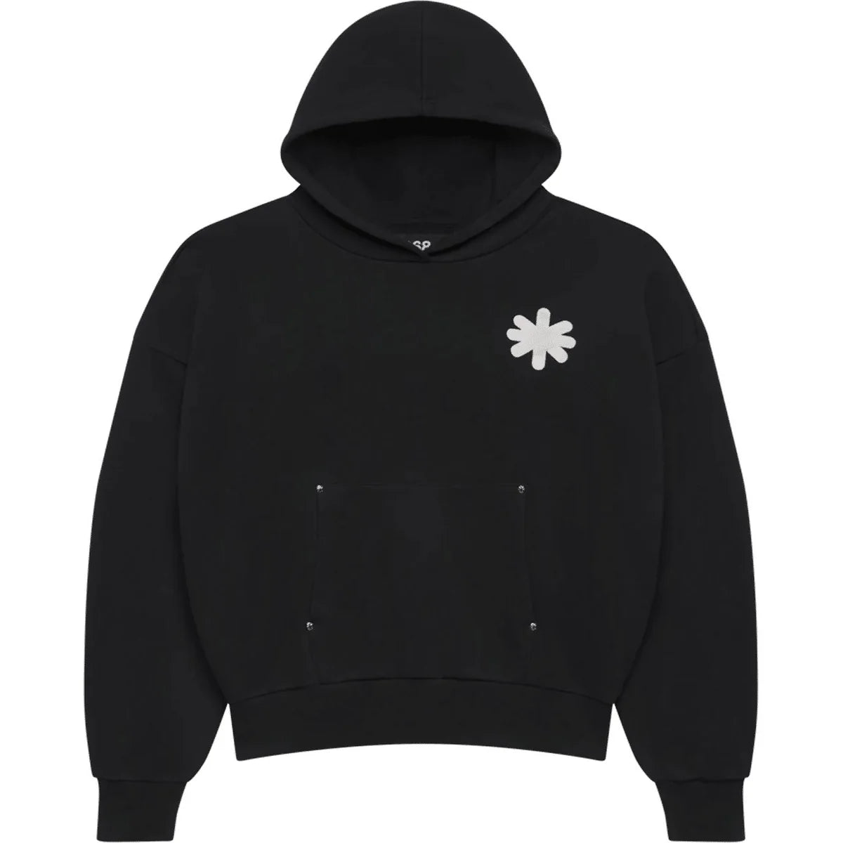 Black hoodie with a white LOSTSHDWS OG logo on the chest and a front pouch pocket detailed with silver studs.