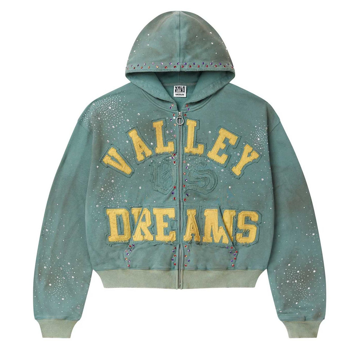 Vale USA green zip-up hoodie with yellow "VALLEY DREAMS" patches, multicolored & clear rhinestones, distressed.