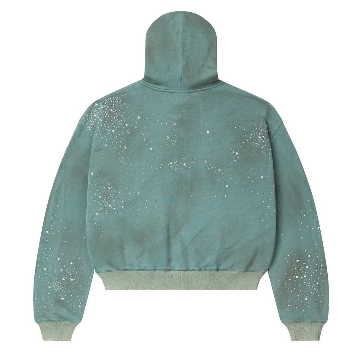 Vale Forever Bank green cropped zip-up hoodie, back, with white sparkly dots on shoulders, sleeves, and upper back.
