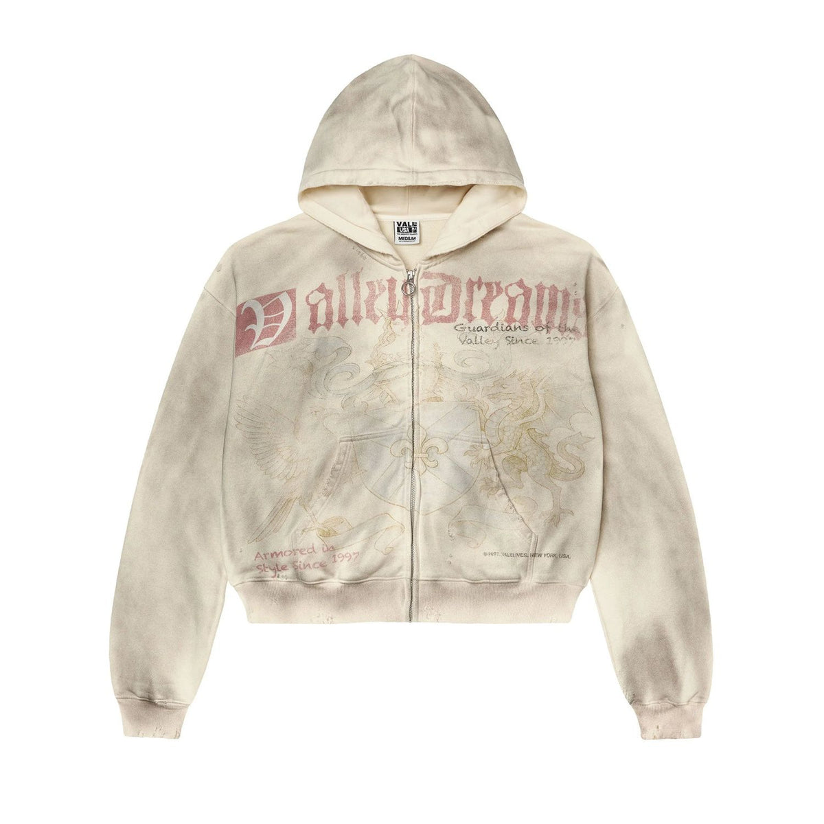 Vale Forever Guardian zip-up hoodie in distressed tan. Red "Valley Dreams" text & faded eagle/dragon graphic on front.