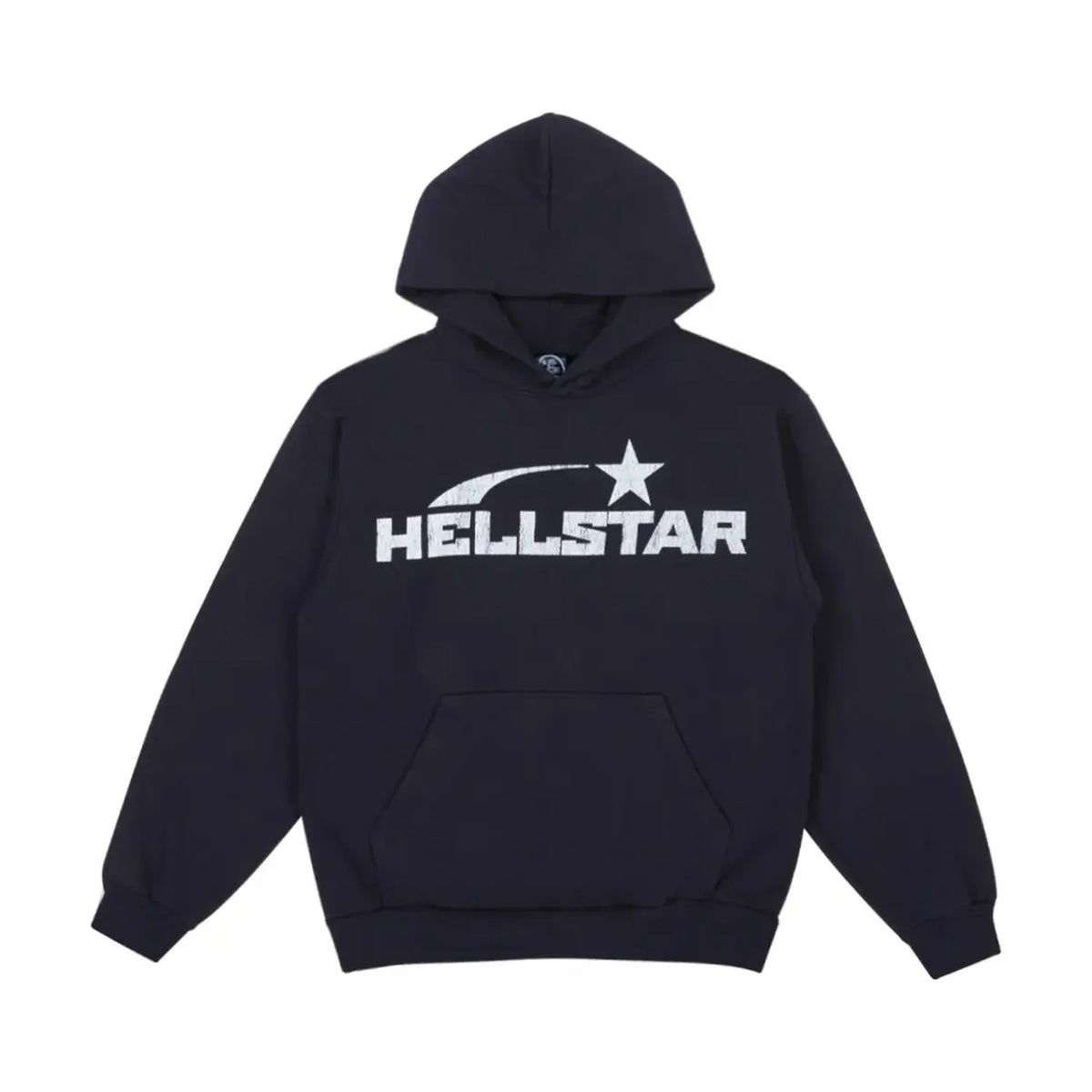 Hellstar Studios Washed Black hoodie with white 'HELLSTAR' logo, shooting star, and front kangaroo pocket.
