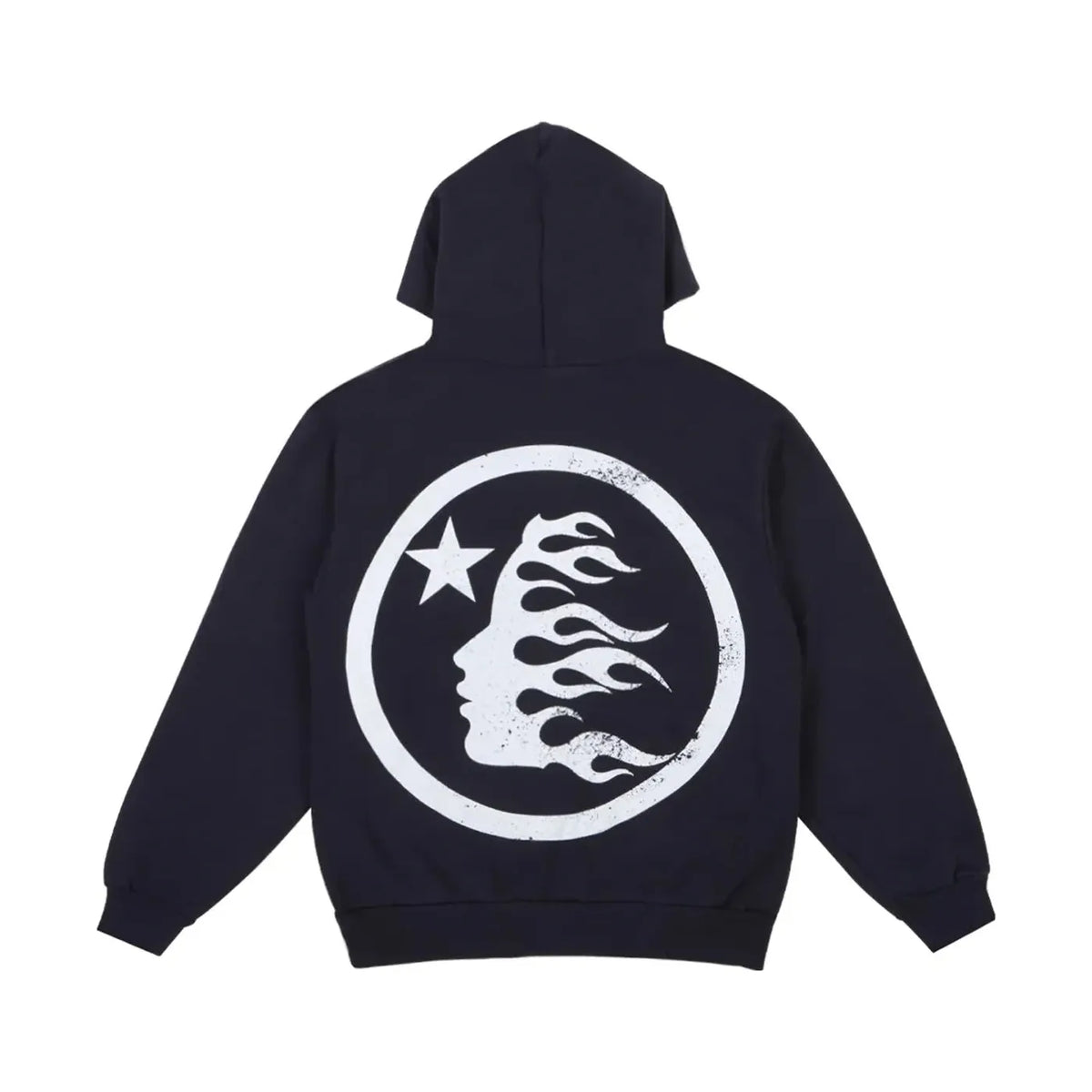 Washed Black Hellstar Studios hoodie, back view. Distressed white logo of a flaming face and star in a circle.