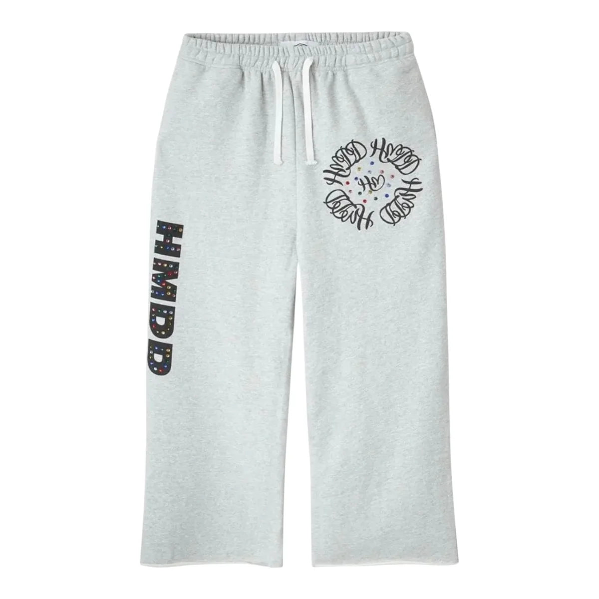 Grey HMDD crystal wide-leg sweatpants. Colorful crystal HMDD logo on left leg, circular 'Hood' graphic with crystals on right thigh.