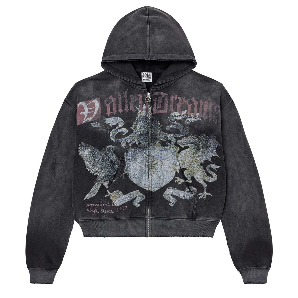 Washed black Vale Vendetta zip-up with "Valley Dreams" graphic, crest, eagle, dragon, and "Armored in Style Since 1997".