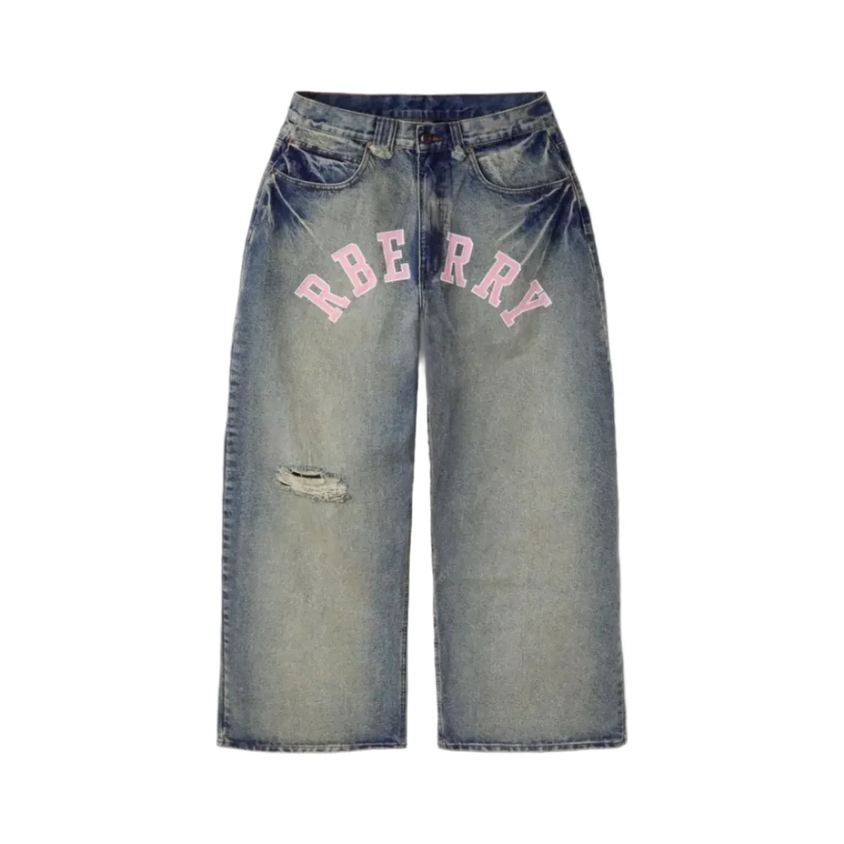 GV GALLERY RBerry Denim: Distressed light blue wide-leg jeans with pink "RBERRY" text across the front and ripped detail.
