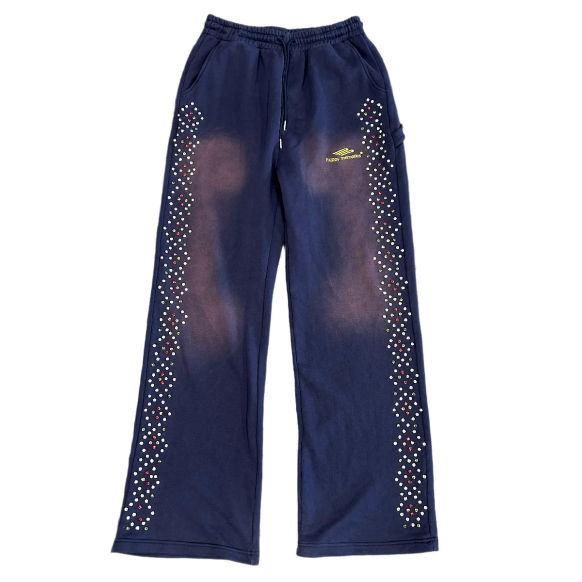 Navy wide-leg Crystal Sweatpants with faded center, featuring white, red, green crystals down both sides. Yellow 'happy memories' logo.