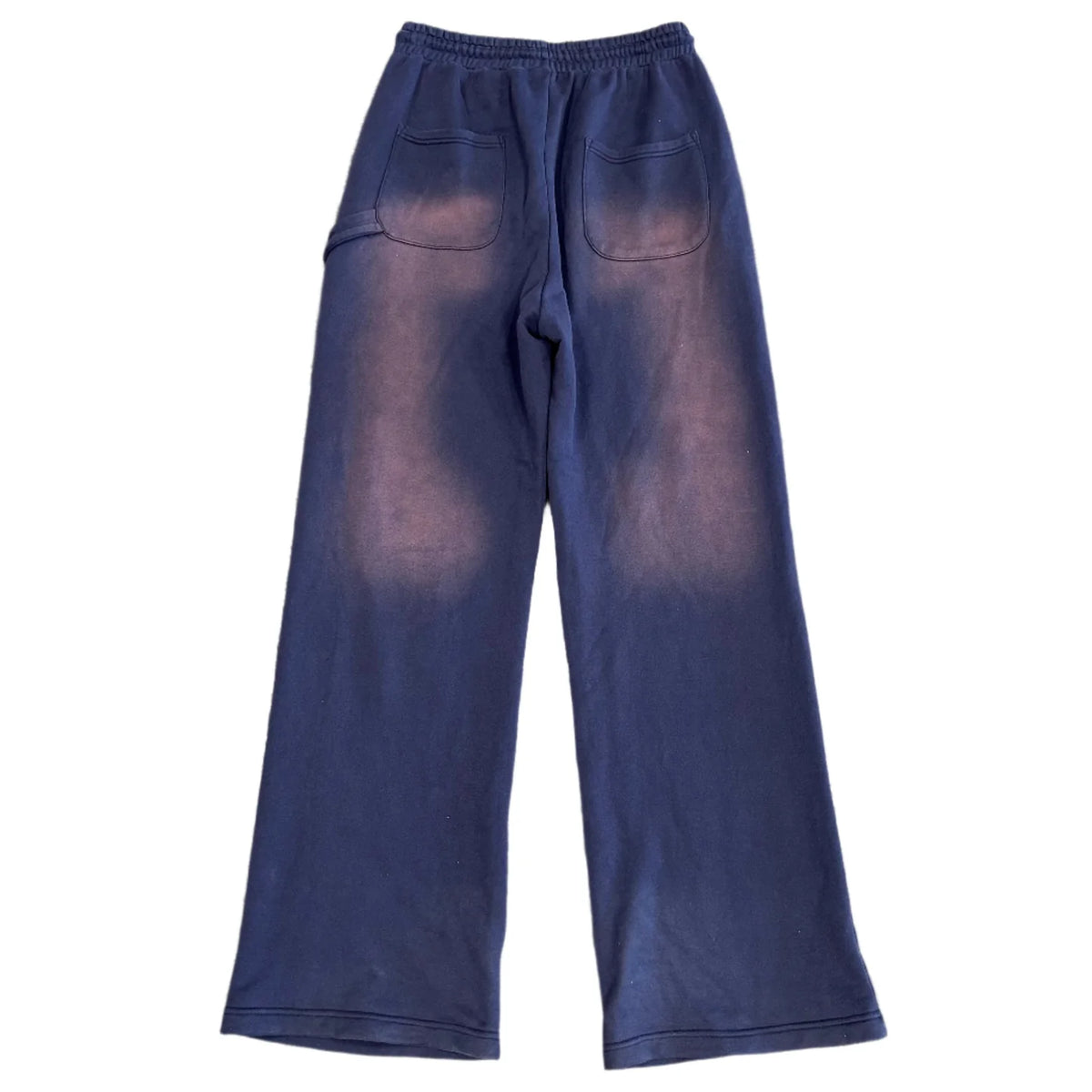 HMDD Crystal Sweatpants, navy. Back view of wide-leg pants with elastic waist, two back pockets, and bleached fading on thighs.
