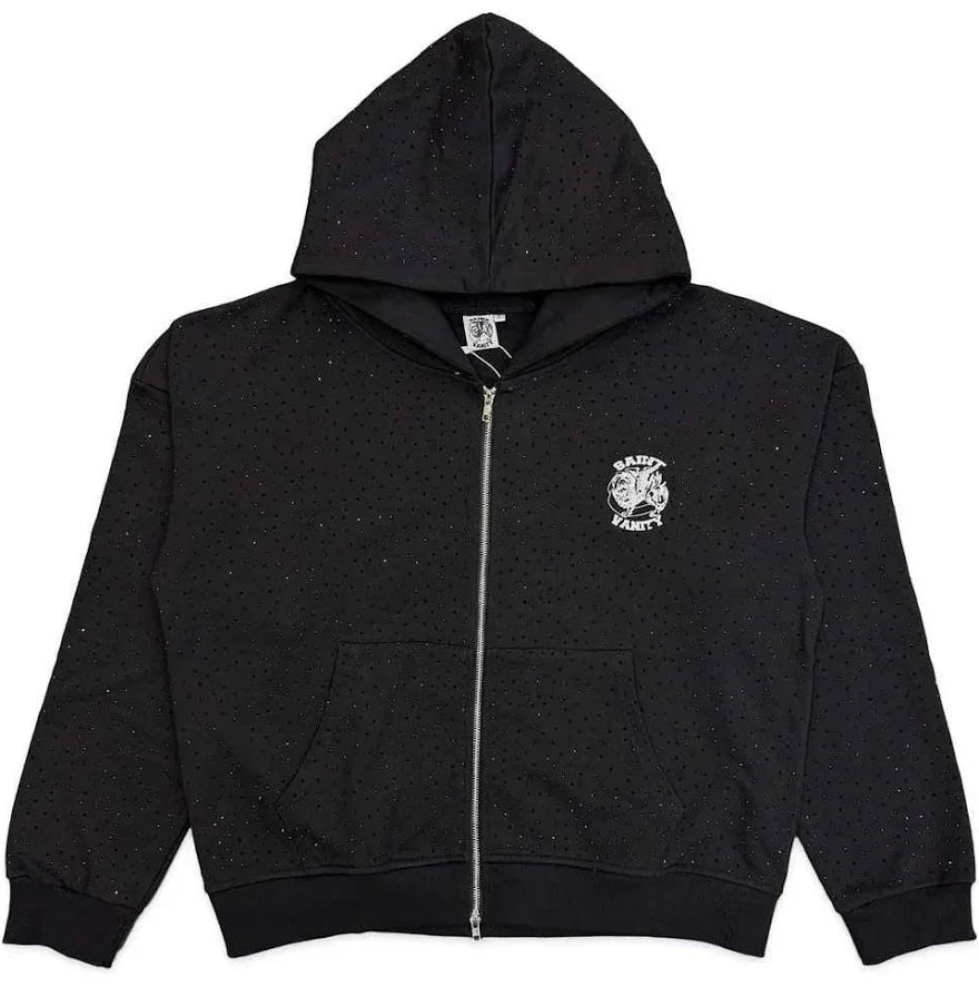 Saint Vanity VVS Oreo Black zip-up hoodie with hood, front pockets, white brand logo, and scattered sparkling details.