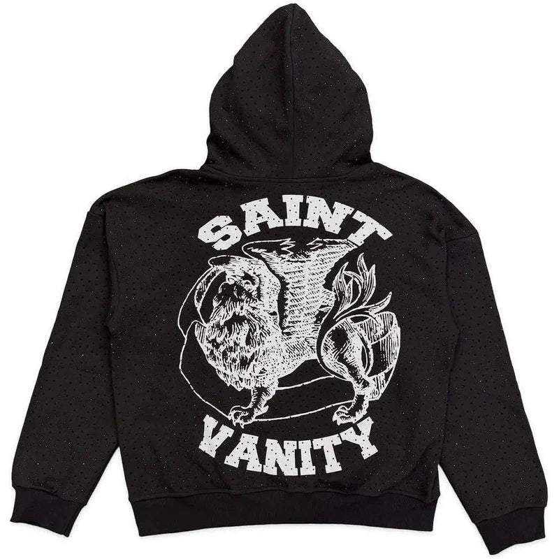 Oreo Black Saint Vanity VVS Zip-Up Jacket with white speckled fabric. Back features a white winged lion and 'SAINT VANITY' text.